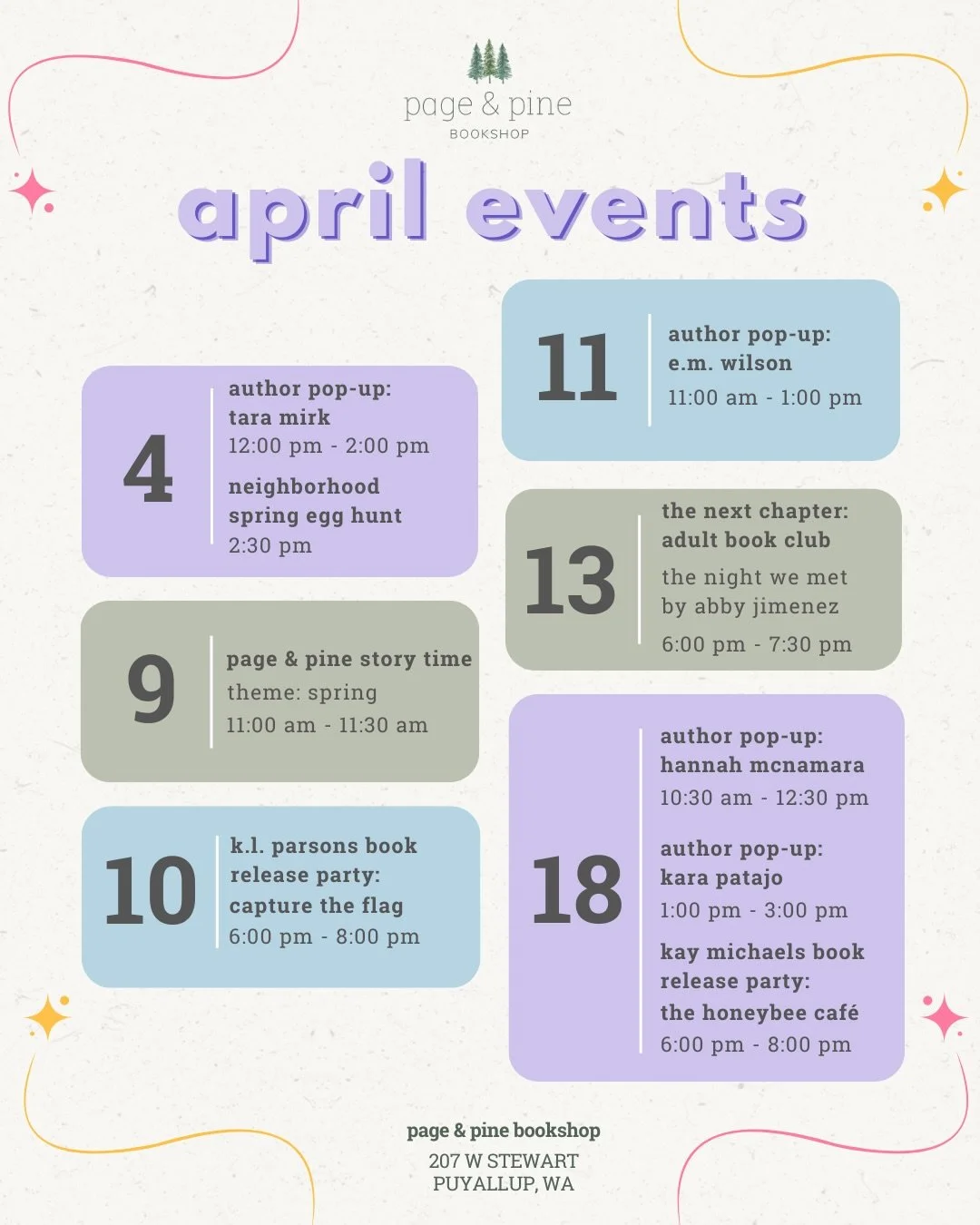 spring is in full bloom at page &amp; pine and we&rsquo;re looking forward to a month packed with fun events!🌷

among the many great events during april, we&rsquo;ll be celebrating our very first indie bookstore day and we absolutely can&rsquo;t wai