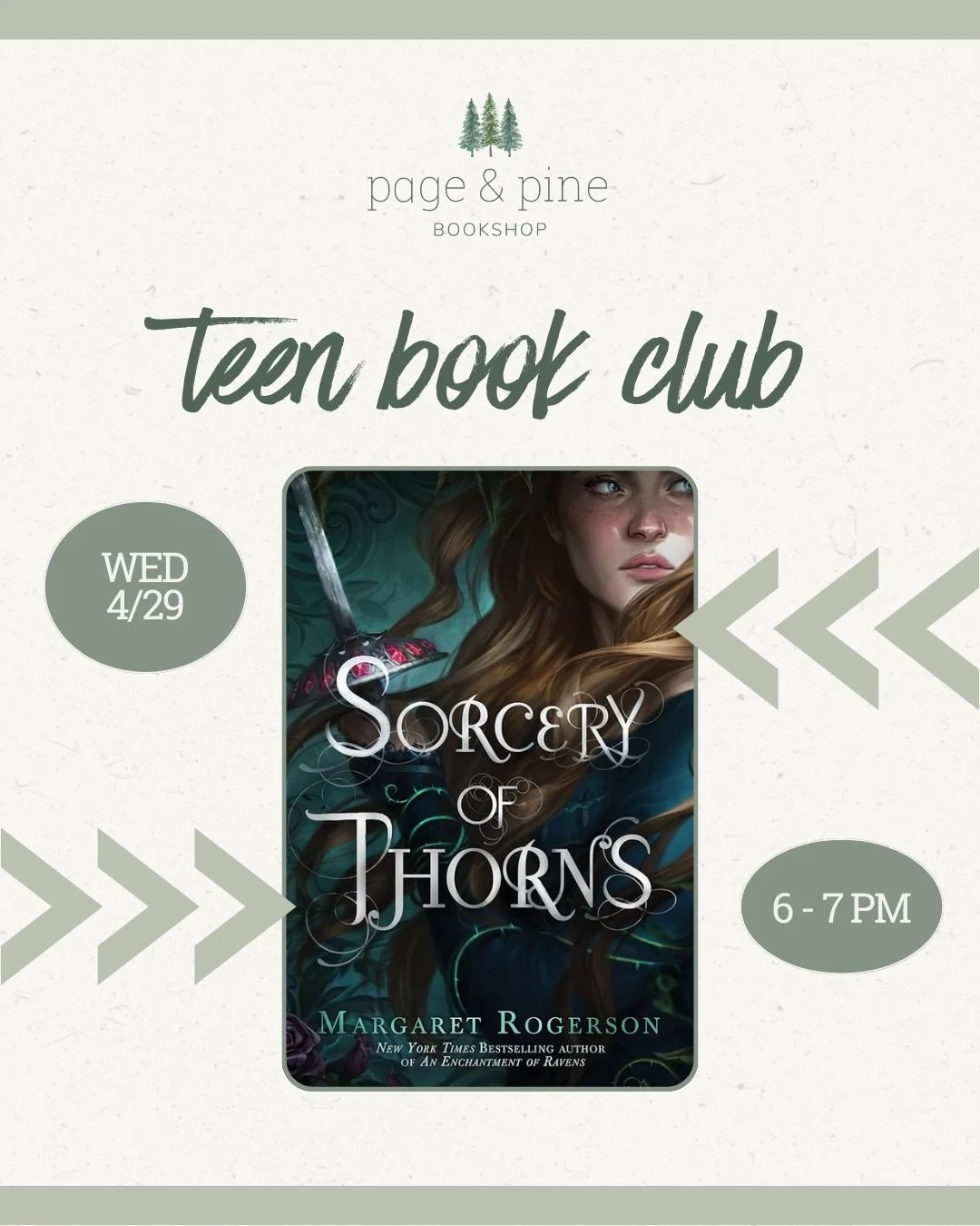 calling all teen readers to join us in april and may as we read two excellent young adult novels!

join us wednesday, april 29 from 6:00 &ndash; 7:00pm to discuss sorcery of thorns by margaret rogerson. this book is a standalone fantasy novel about e