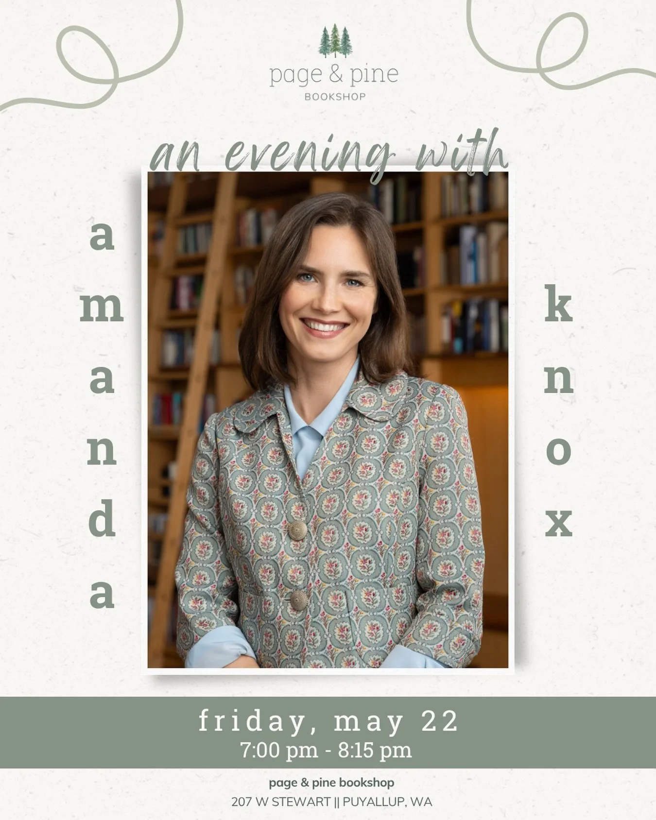 we are overjoyed to welcome @amamaknox back to page &amp; pine on may 22nd!

author, journalist, and advocate amanda knox will be discussing her work, writing life, and the stories that have shaped her voice. she is the author of the memoir waiting t