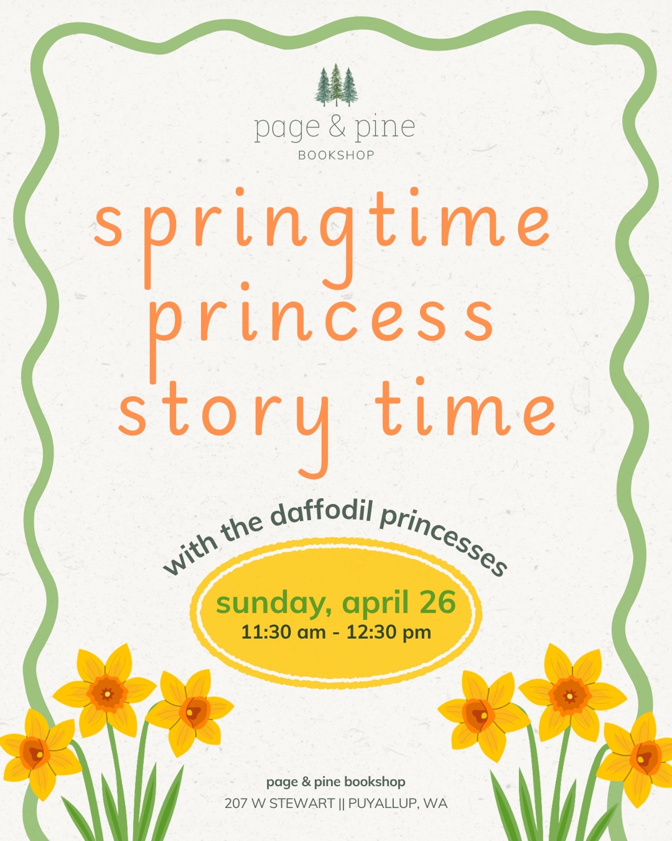 celebrate the magic of springtime with us! join us sunday, april 26 at 11:30am for springtime princess story time, an enchanting gathering featuring our beloved daffodil princesses. 

settle in for a cozy story time filled with blooming adventures, f
