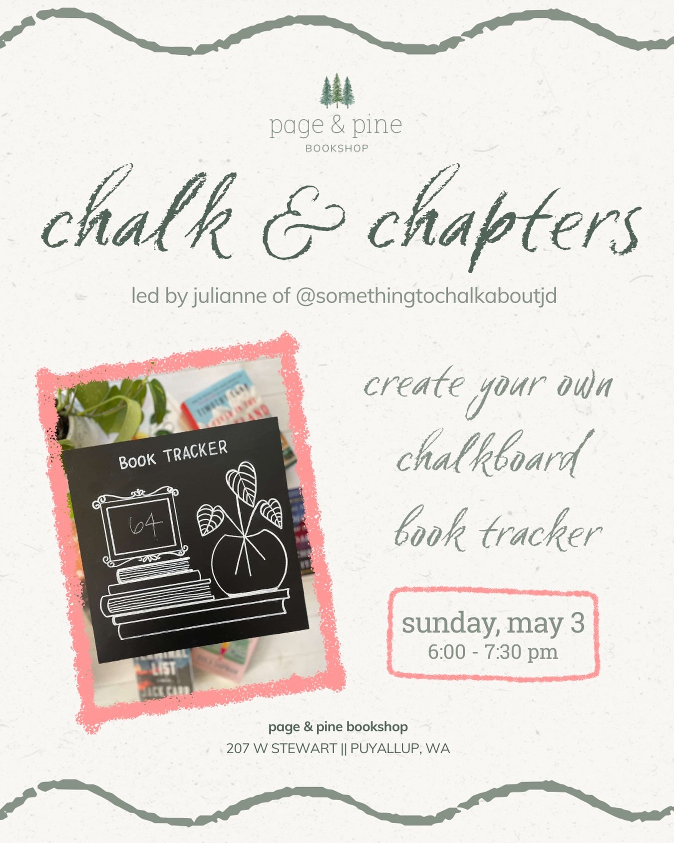 join us for a creative, bookish evening with the incredibly talented julianne of @somethingtochalkaboutjd.

create something both fun and functional in this hands-on chalk art class! you&rsquo;ll design and make your own custom chalkboard to track th