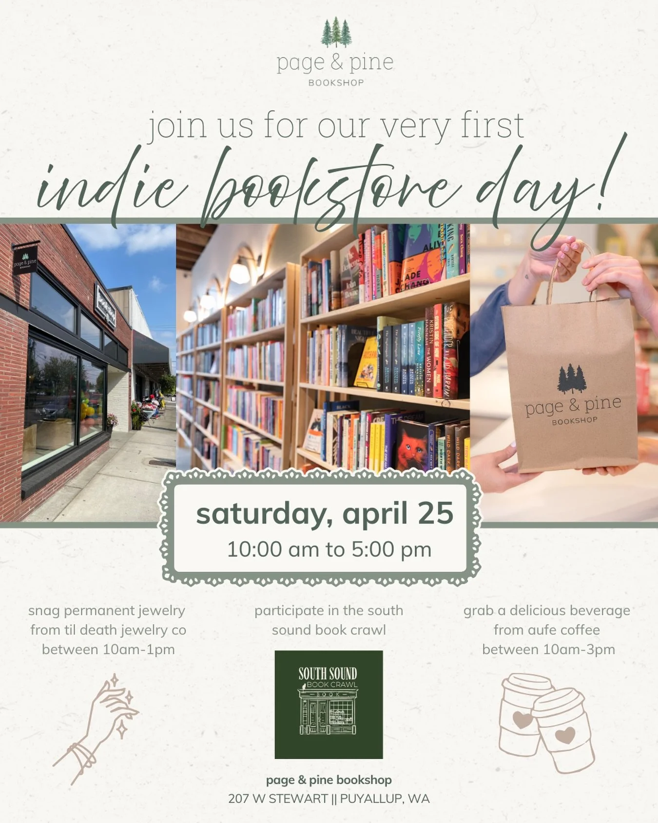join us at page &amp; pine as we celebrate indie bookstore day (our first one, ever!) THIS saturday, april 25 📚

we&rsquo;re thrilled to be part of the @southsoundbookcrawl and have a full day of bookish fun planned. from 10am to 1pm @tildeathjewelr