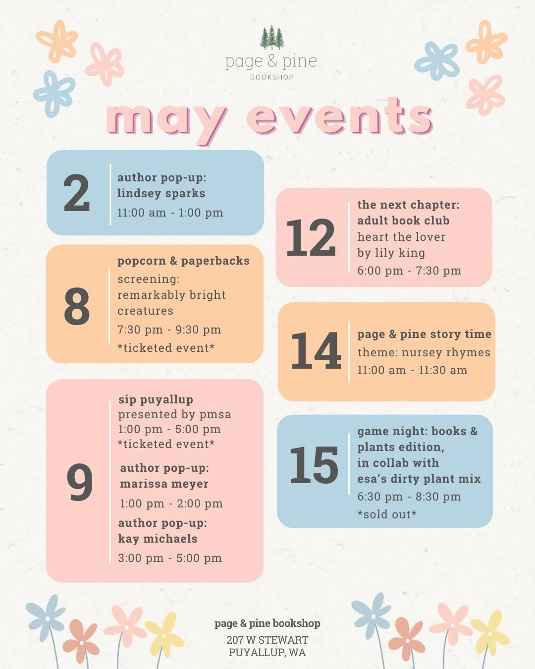 break out the spring florals because IT&rsquo;S GONNA BE MAY! 🌷

we are booked and busy this month with events for all ages. look forward to seeing you all throughout the month.

what events are you most excited for?? 

#bookstore #puyallup #bookish
