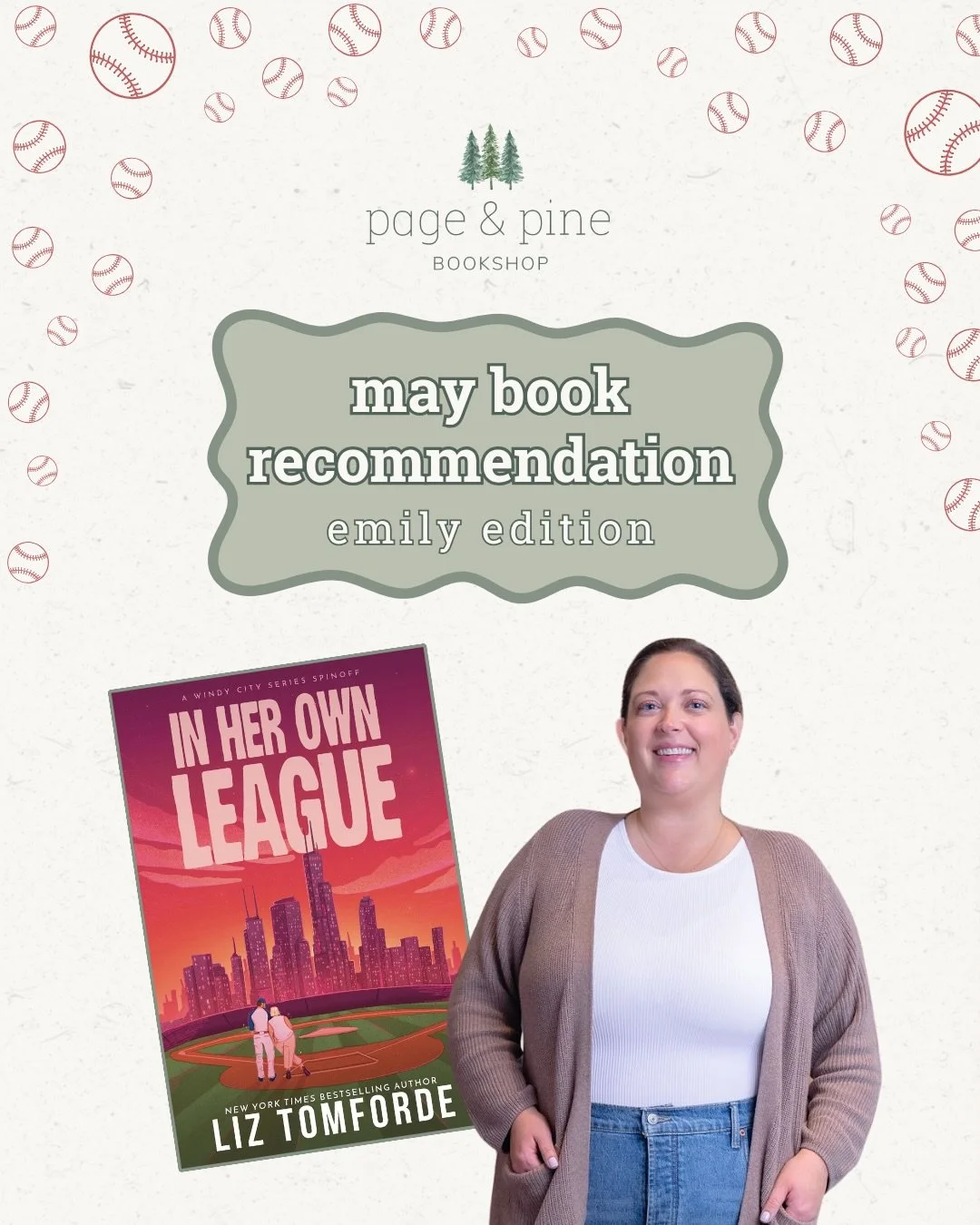 anyone who knows emily knows how much she LOVES @liztomforde.author, so when it came time to chose the may staff book recommendation, she didn&rsquo;t hesitate for a second. 

the book she chose is liz&rsquo;s newest release &ldquo;in her own league&