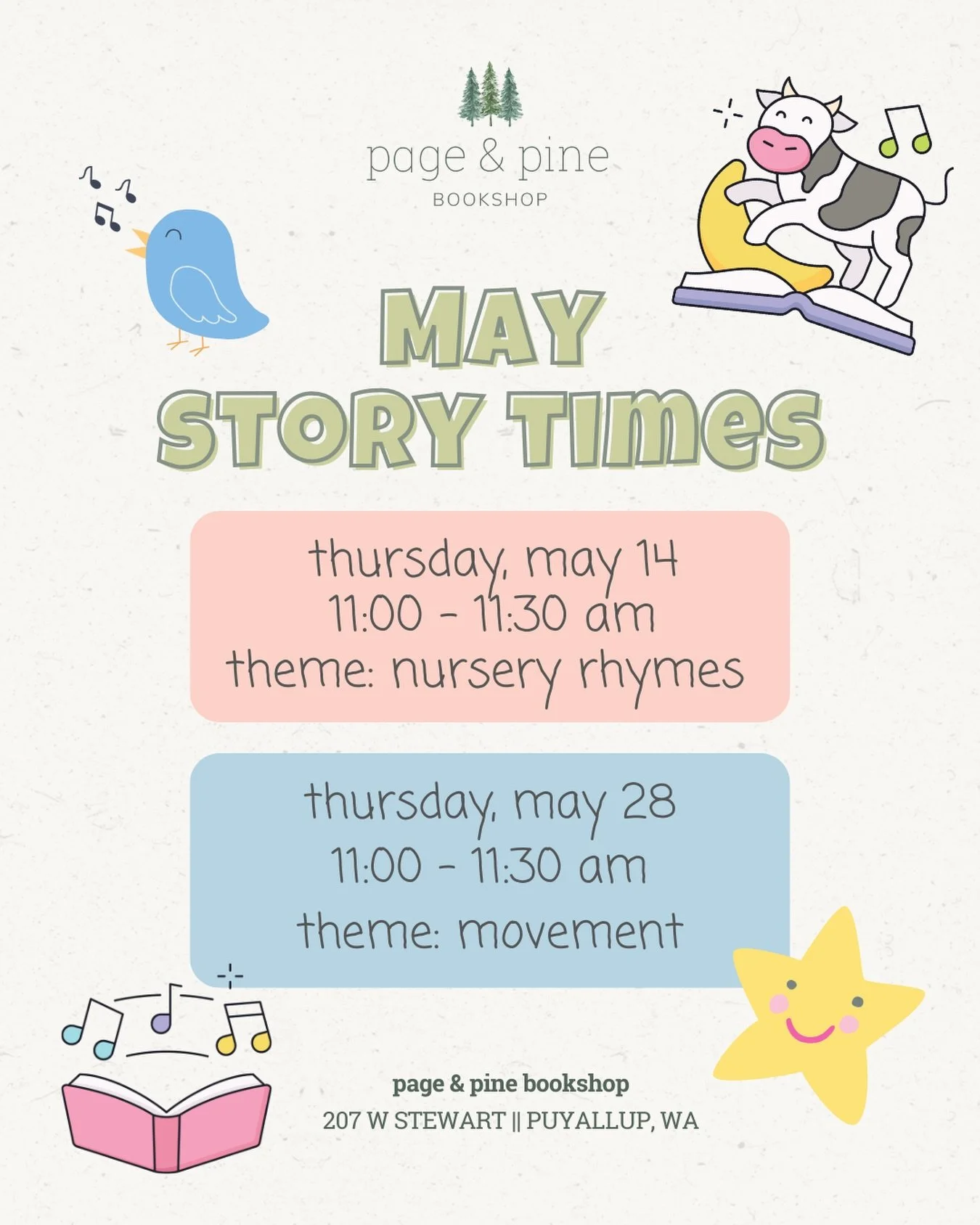 during may story times, we&rsquo;ll be movin and groovin 🎶

join us may 14 for a morning of classic nursery rhymes and may 28th for another round of movement focused books. 

we can&rsquo;t wait to wiggle and dance with you! 

#bookstore #sᴛᴏʀʏᴛɪᴍᴇ 