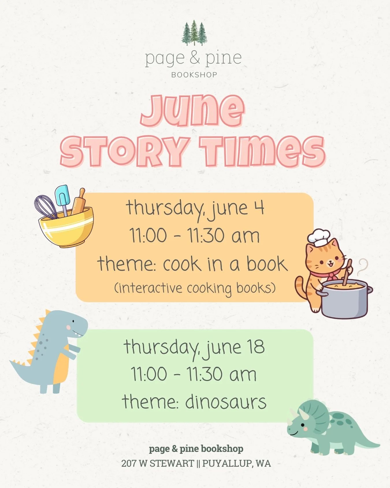 we&rsquo;re cooking up a roaring good time with our june story times! 

join us june 4 at 11:00am for an interactive cooking story time. cook in a book are interactive cooking books that have elements kiddos can stir, pull, and slide 🍳

join us june