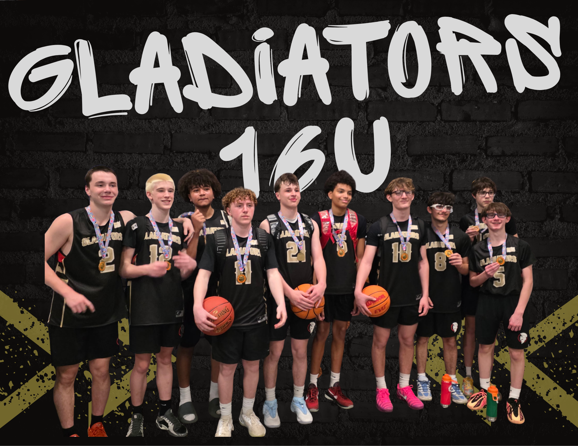 A youth basketball team with their coaches in a gymnasium, posing with medals after a game or tournament. The team members are wearing black jerseys with 'Gladiators' written on them, and the coaches are wearing red and black shirts.