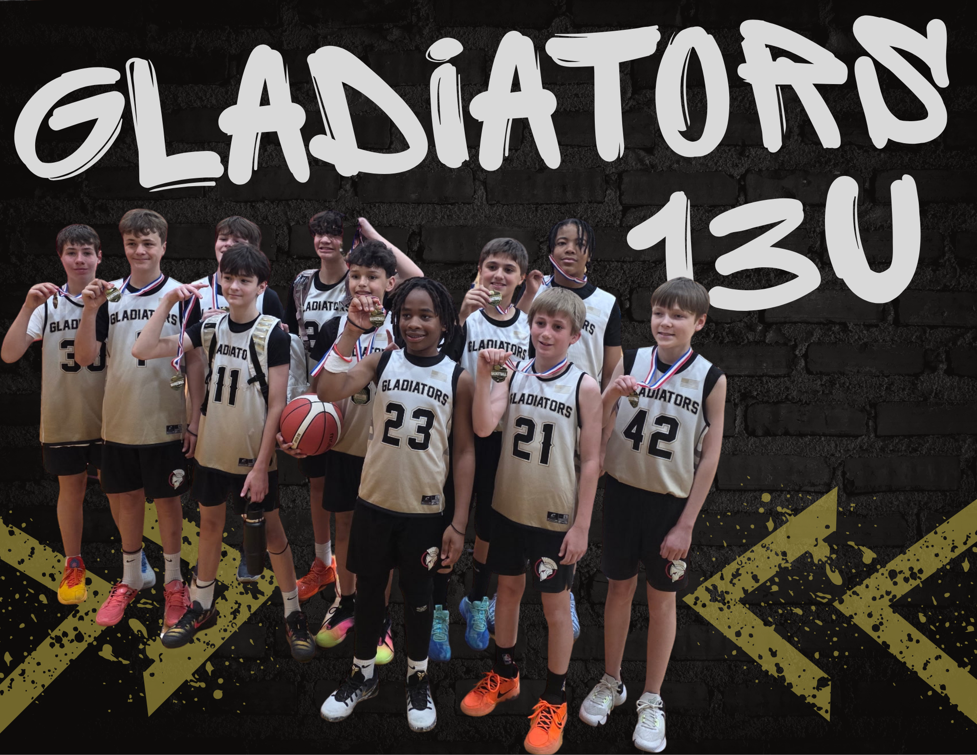 Group photo of a youth basketball team named Gladiators posing with two adult coaches in a gymnasium.