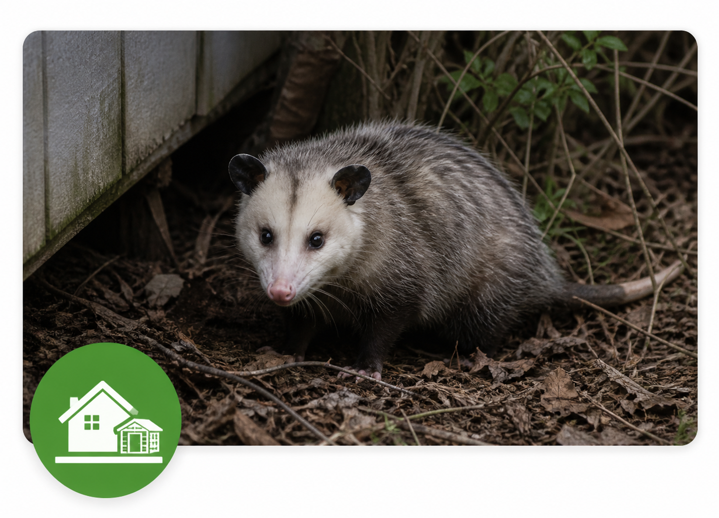A ferret with white and gray fur, black ears, and dark eyes standing on brown leaf-covered ground next to a wooden fence and some plants.
