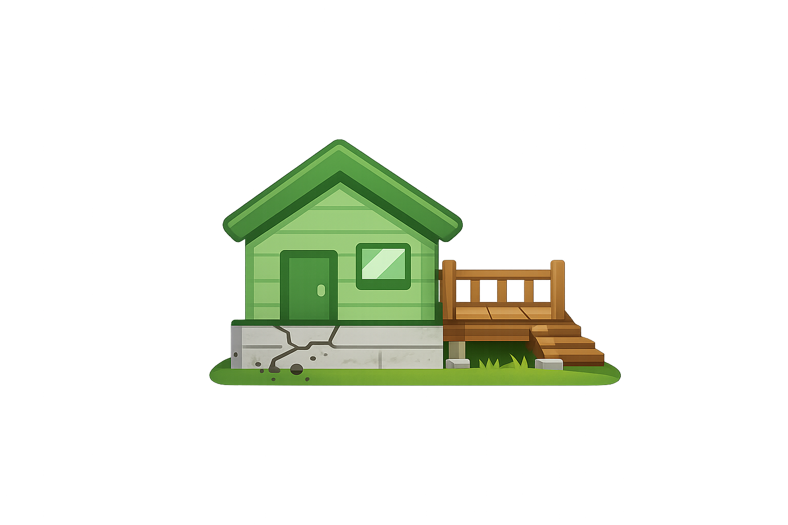 Animated illustration of a house with a green roof, green walls, and a window, sitting on a cracked concrete foundation. To the right of the house, there is a small brown wooden porch with steps leading up to it, and it is surrounded by small patches of grass.
