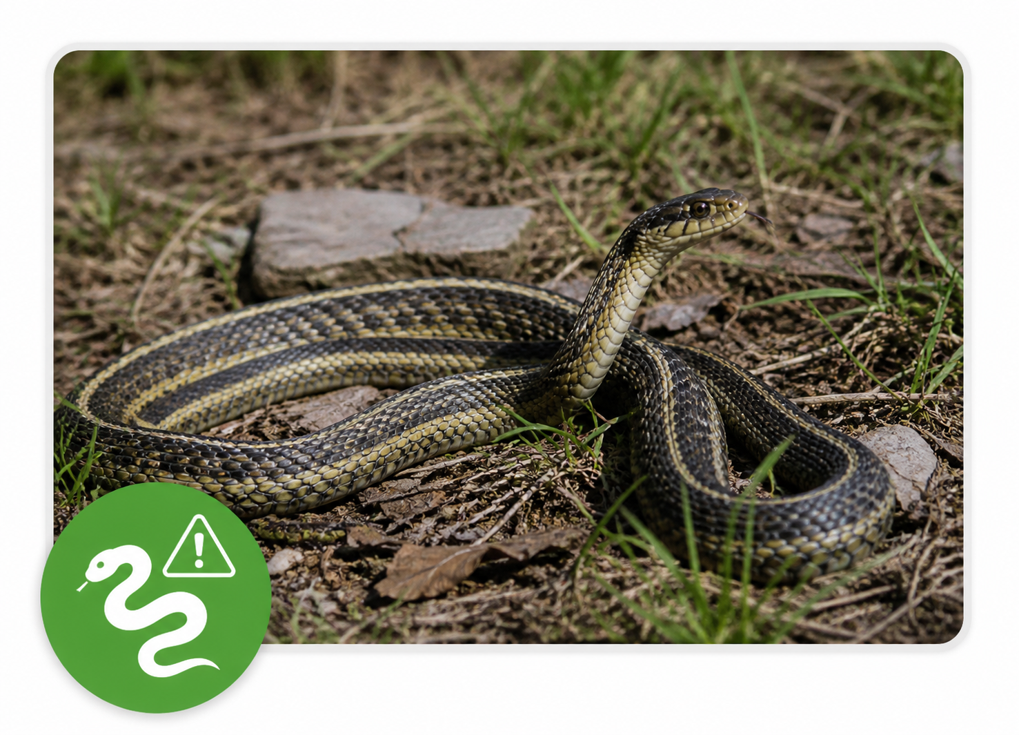 A snake on the ground with a green warning icon in the corner indicating danger.