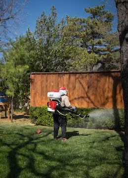 Technician applying mosquito control treatment in backyard in Oklahoma City using professional sprayer