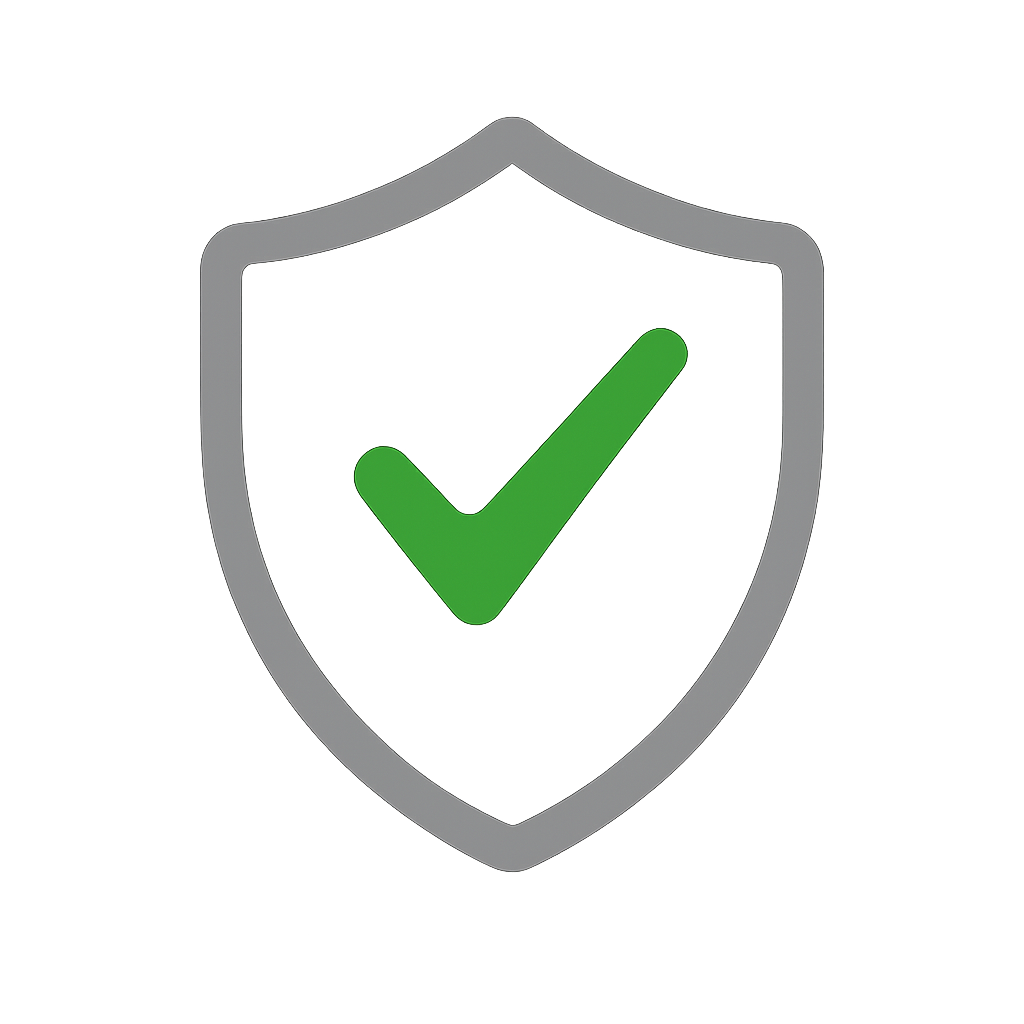 A gray shield with a green check mark in the center.