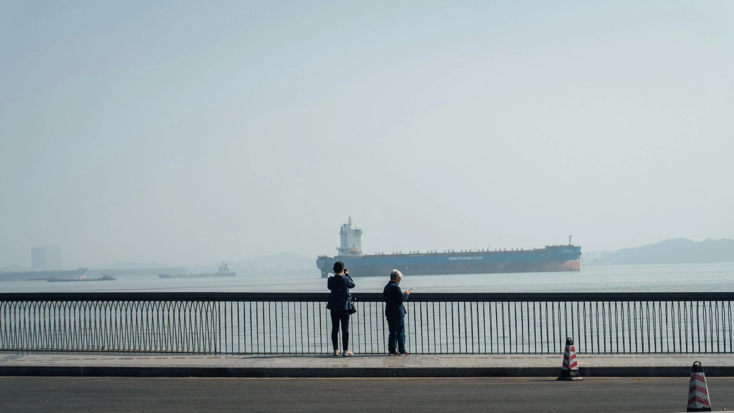 Two people standing by a railing along waterfront, one taking a photo of a large ship passing by in the water, with other ships in the background.