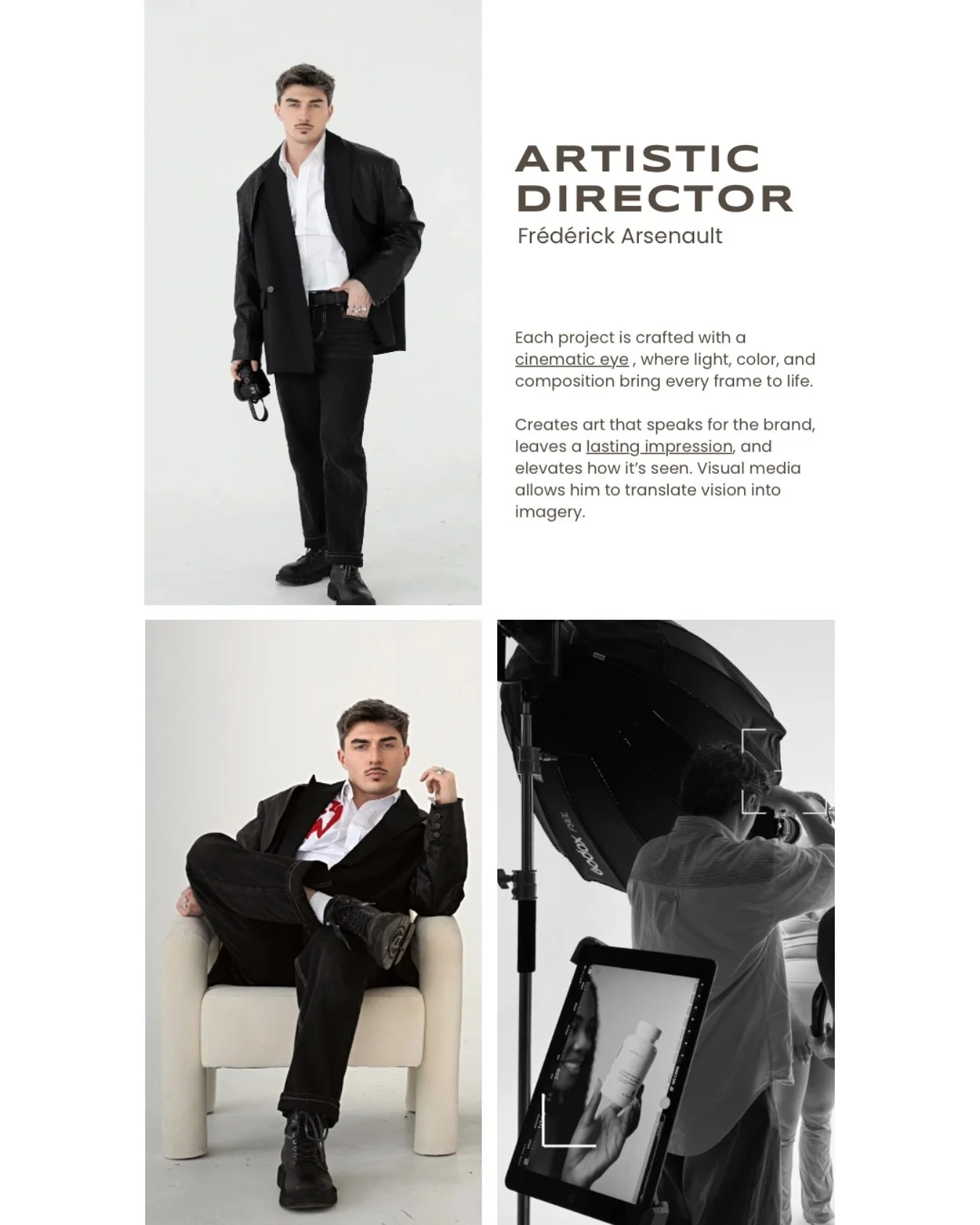 With a background in dance, theatre, and visual production, Fr&eacute;d&eacute;rick brings a multidisciplinary approach to creativity. As Creative Director and Content Producer of On.Set Agency, he blends movement, strategy, and visual storytelling t