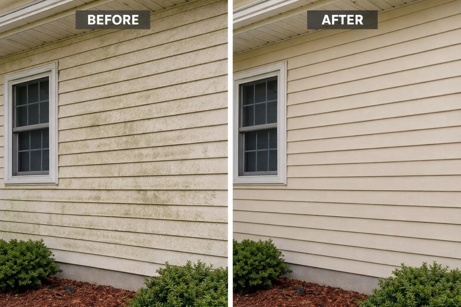 Before-and-after comparison of professionally washed residential siding