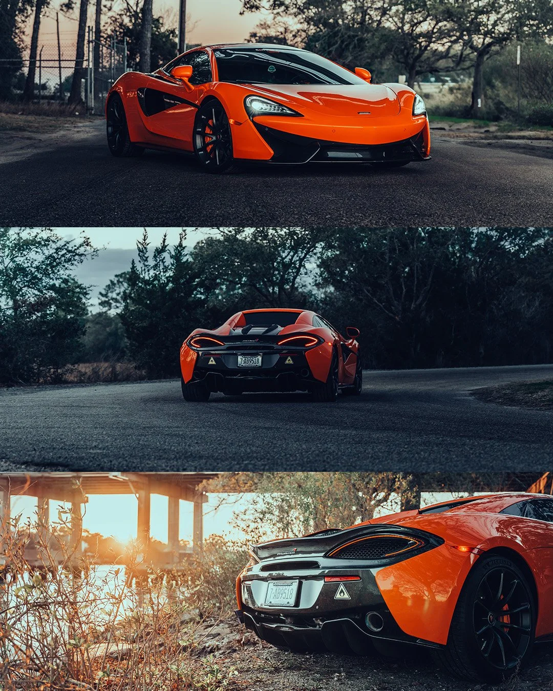 A bright orange sports car from different angles in outdoor settings, featuring sleek design and black accents.