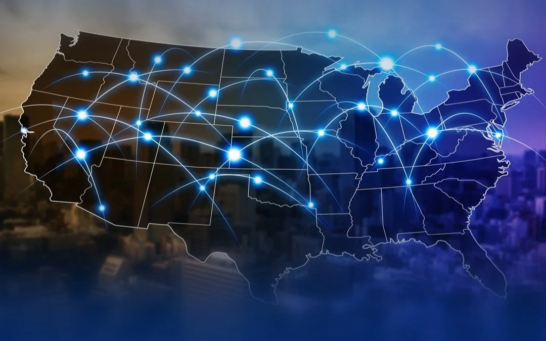 Digital map of the United States with glowing network connections