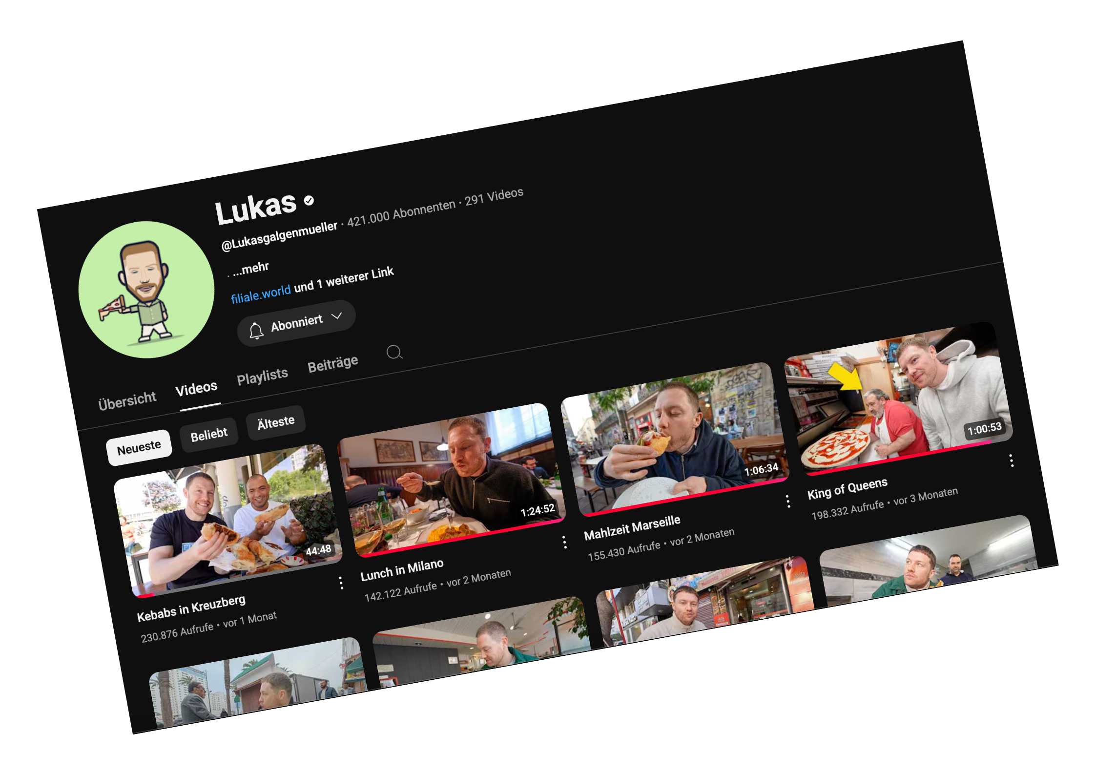 YouTube channel page for Lukas with profile picture, subscriber count, videos, and thumbnails of people eating and holding pizza.