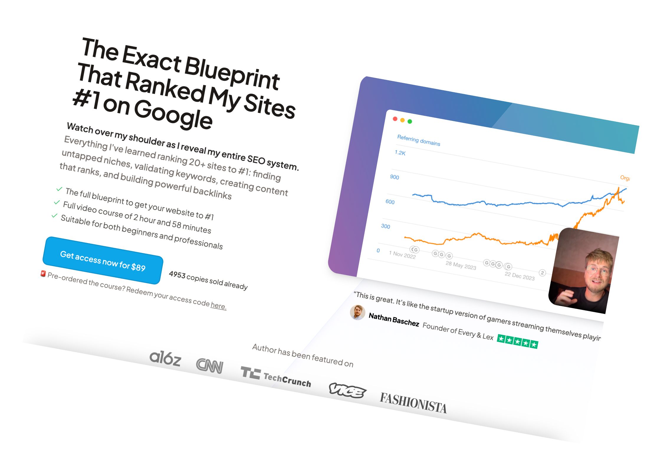 Screenshot of a webpage promoting a course on SEO strategies with a clickable blue button that says 'Get access now for $89', a graph showing referring domains over time, and logos of media outlets like CNN and TechCrunch at the bottom.