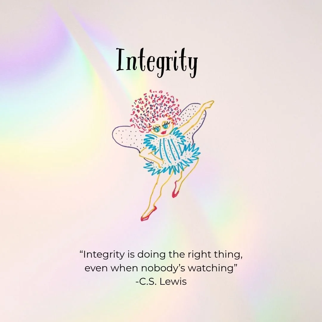 Illustration of a ballerina with pink curly hair, blue dress with feather details, and wings, dancing on one foot with the word 'Integrity' above and a quote about doing the right thing when nobody's watching below.