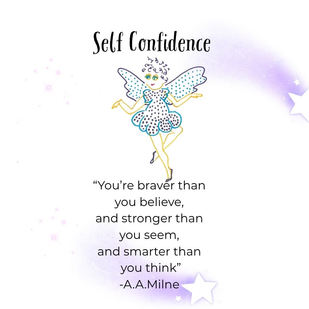 A motivational quote about self-confidence with a whimsical illustration of a fairy with wings, wearing a dotted dress, and dancing.