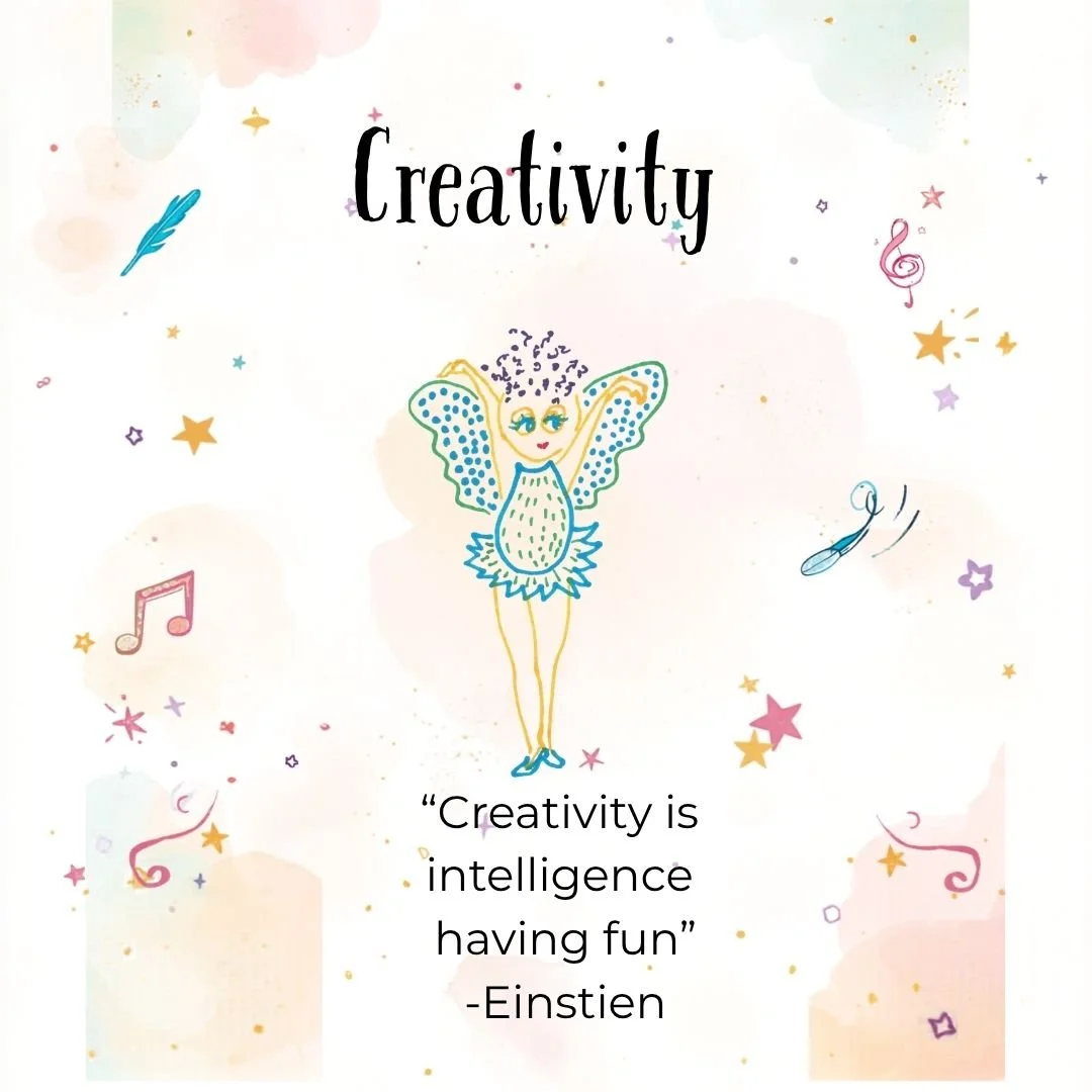 A colorful, whimsical illustration with a fairy-like character with butterfly wings in the center, surrounded by music notes, stars, and abstract shapes. The word 'Creativity' is at the top, and a quote from Einstein at the bottom reads, 'Creativity is intelligence having fun'.