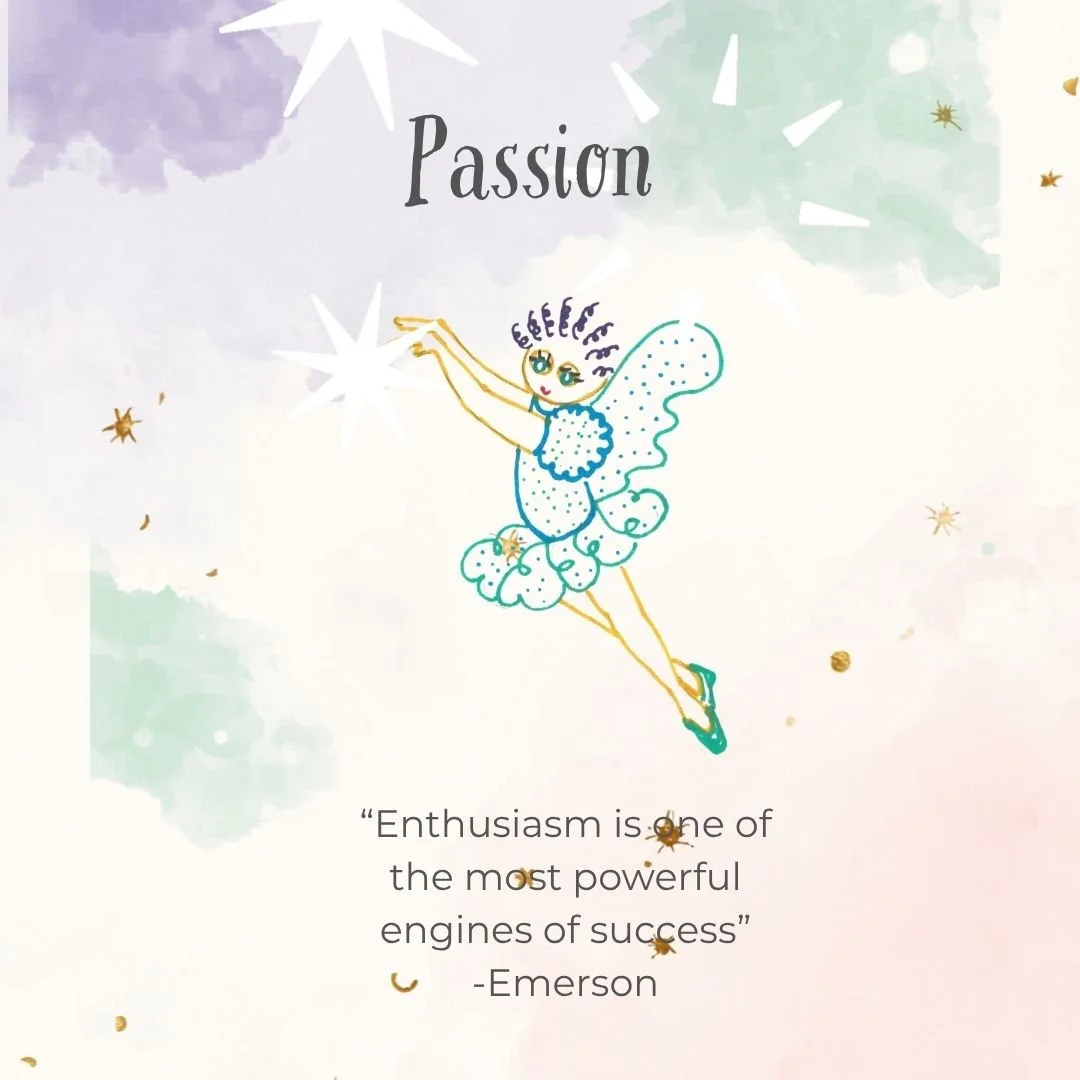 A whimsical illustration of a fairy with butterfly wings, wearing a blue polka-dot dress, flying with arms reaching forward, surrounded by stars and colorful abstract backgrounds. The word 'Passion' is at the top, and there is a quote below that says, 'Enthusiasm is one of the most powerful engines of success' - Emerson.