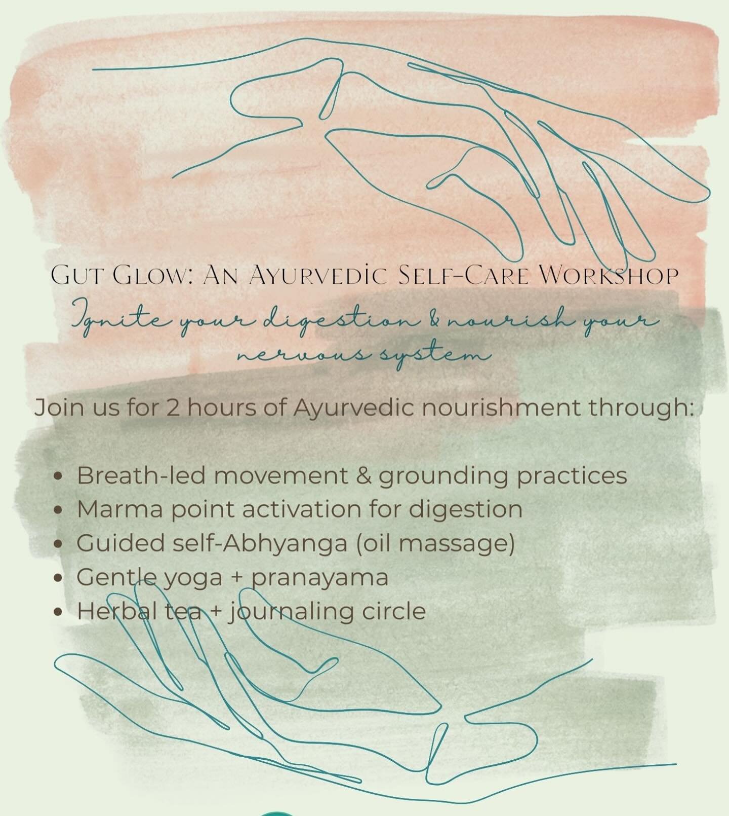 It&rsquo;s not too late to join us for Gut Glow - our nourishing Ayurvedic self-care workshop happening tomorrow (Sat, April 26th) at 1 PM!

Come learn how to support your digestion, calm your nervous system, and reconnect with your body through marm
