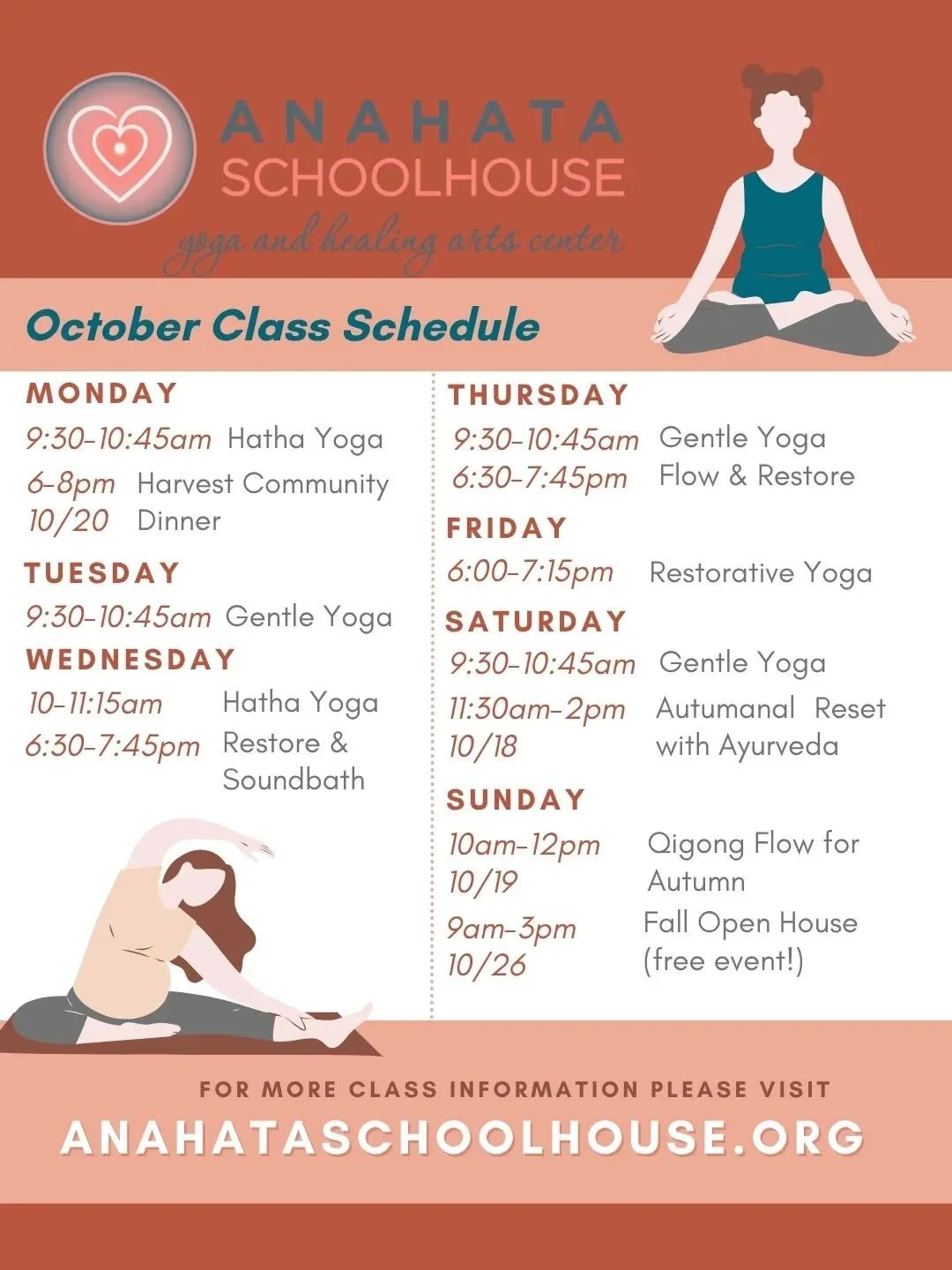 🍂October Schedule is out!🍂
Additional class offerings...
🧘‍♀️Monday 9:30-10:45am Hatha Yoga
🙏Thursday 9:30-10:45am Gentle Yoga 
Special Events coming up..
🍁Autumnal Reset with Ayurveda Saturday 10/18 11:30am-2pm 
🍂Qigong Flow for Autumn