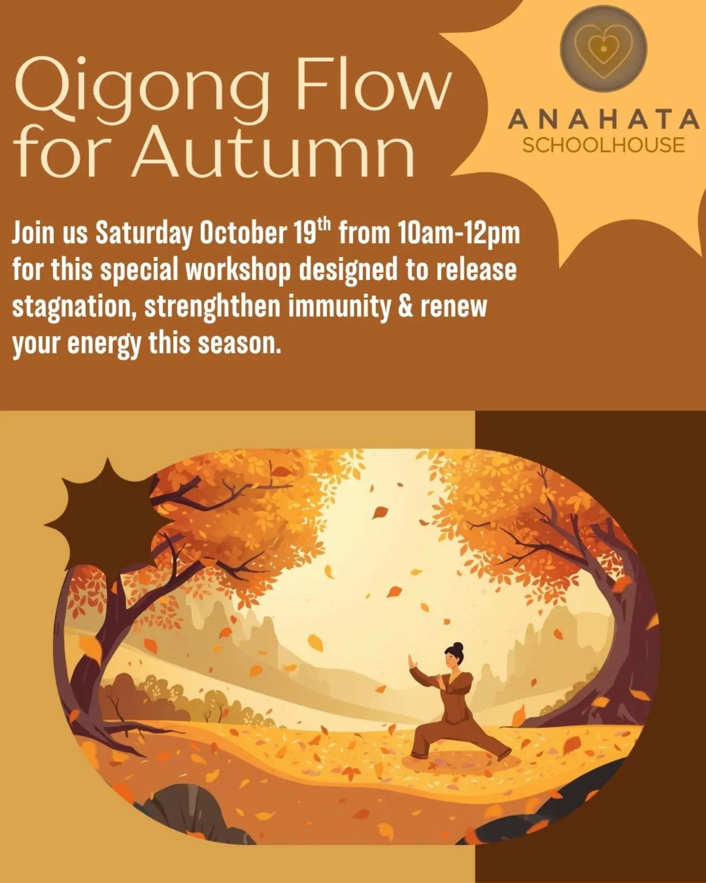 🔊Qigong Flow for Autumn this Sunday!
🌟10am-12pm
✨Join instructor Jala Mohnkern to ease into the season learning to release through the sacred practice of Qigong.
📖This ancient Chinese practice combines slow, gentle movements, controlled breathi
