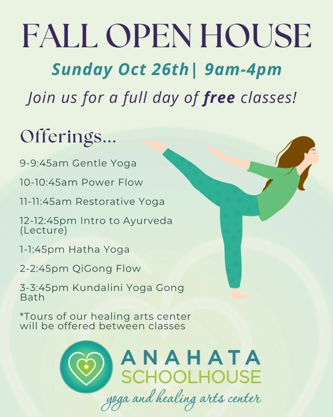 🌟 You're Invited! 🌟
Join us for a FREE Full Day of Yoga at our Fall Open House Event! 🧘‍♀️🧘‍♂️
📅 Date: Sunday October 26th
🕘 Time: 9am-4pm
📍 Location: Anahata Schoolhouse
Come experience a full schedule of yoga classes, meet our amaz