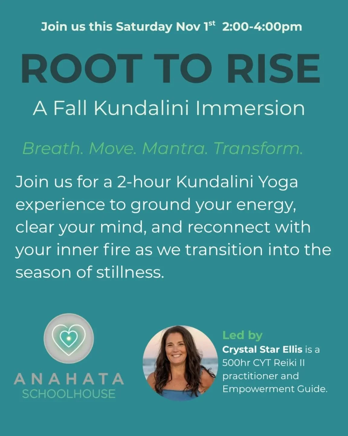 🌿 Root to Rise: A Kundalini Yoga Experience 🌿
Join us this Saturday, November 1st, for a 2-hour journey to ground your energy, clear your mind, and reconnect with your inner fire as we transition into the season of stillne