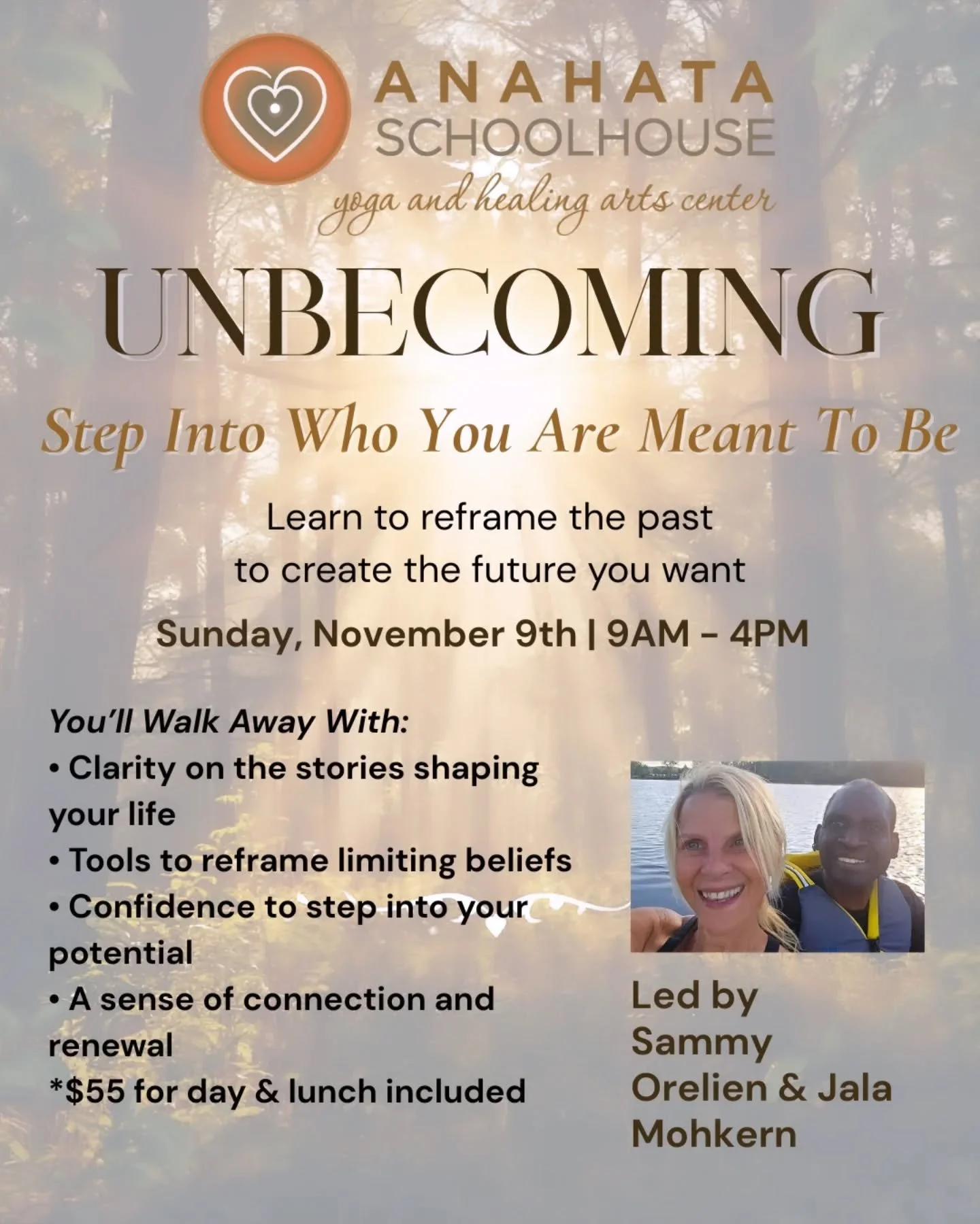 ✨ UNBECOMING: Step Into Who You Are Meant to Be ✨
A 1-Day Workshop on Reframing the Past to Create the Future You Want

📅&nbsp;Sunday, November 9, 2025
🕘&nbsp;9:00 AM &ndash; 4:00 PM
📍&nbsp;Anahata Schoolhouse
201 North Summer Street, Adams, MA

H