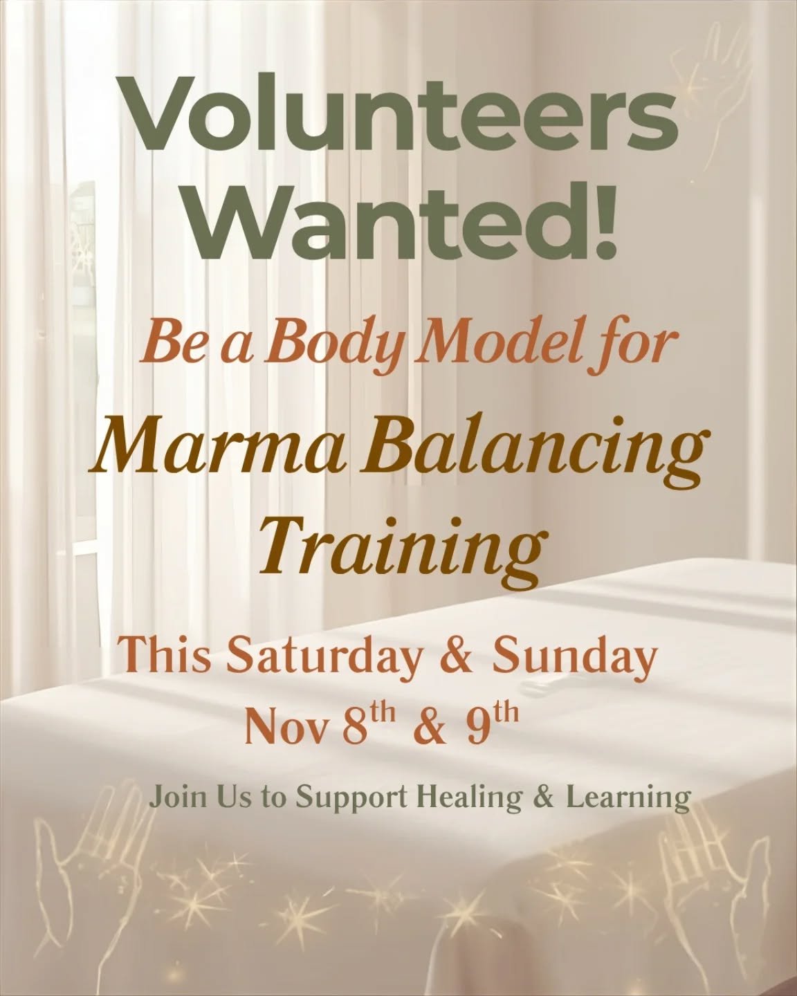 🔊Volunteers Needed for Marma Balancing Training&nbsp;🔊
We&rsquo;re looking for a few volunteer demo bodies to receive&nbsp;free&nbsp;Marma Balancing sessions during our upcoming training this weekend at Anahata!

This is a wonderful opportunity to 