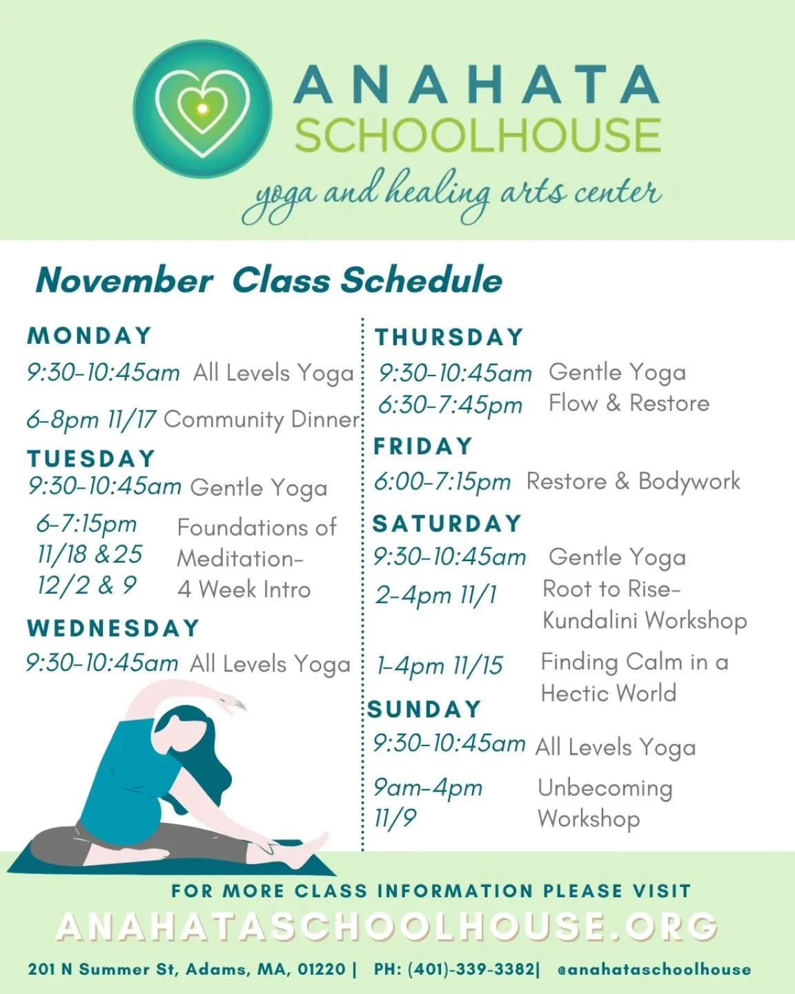 🍂&nbsp;November at Anahata&nbsp;🍂
As the seasons turn inward, we invite you to slow down, connect, and nurture yourself through our November offerings.

🧘&zwj;♀️&nbsp;New Class!
All Levels Yoga&nbsp;with&nbsp;Sara Ruby
Sundays | 9:30&ndash;10:45am