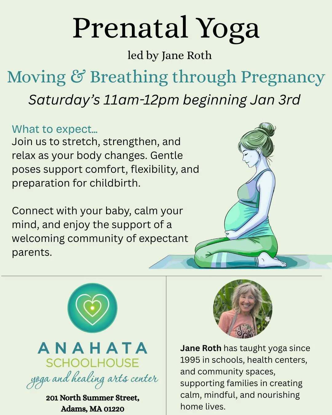 🤍 Prenatal Yoga at Anahata Schoolhouse 🤍
Moving &amp; breathing through pregnancy in a supportive, nurturing space.
🗓 Saturdays | 11:00&ndash;12:00 PM
📅 Beginning January 3rd
🧘&zwj;♀️ Led by Jane Roth, teaching yoga since 1995 in schools, health