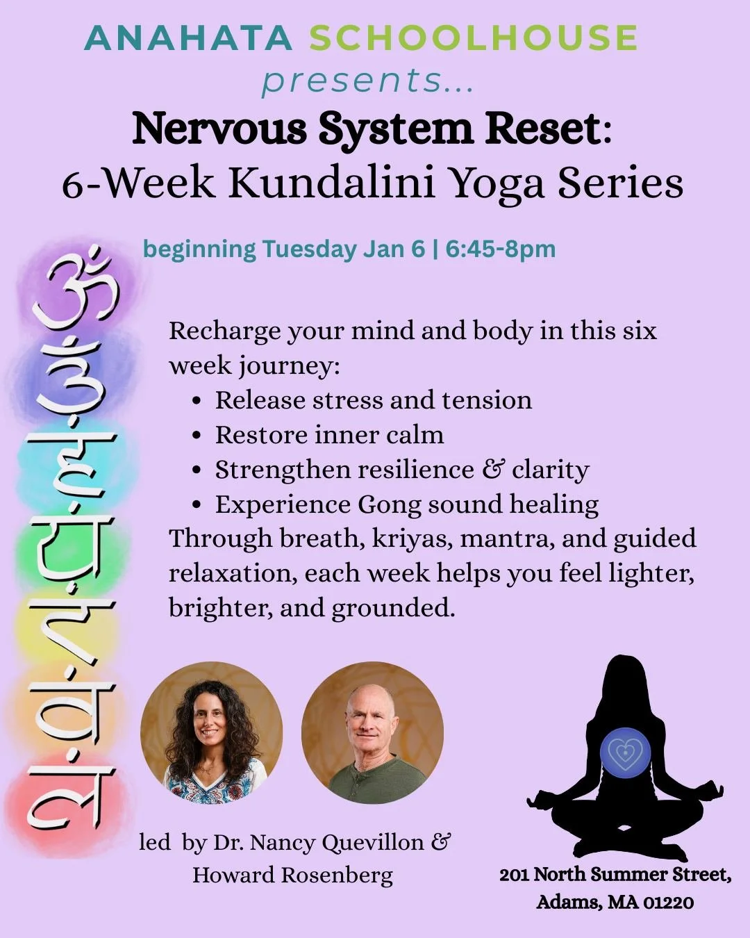 ✨ Nervous System Reset ✨
6-Week Kundalini Yoga Series | Starts Tuesday, Jan 6 | 6:45&ndash;8pm
Led by Dr. Nancy Quevillon &amp; Howard Rosenberg
Recharge your mind &amp; body in this transformative journey:
🌿 Release stress &amp; tension
🌿 Restore 