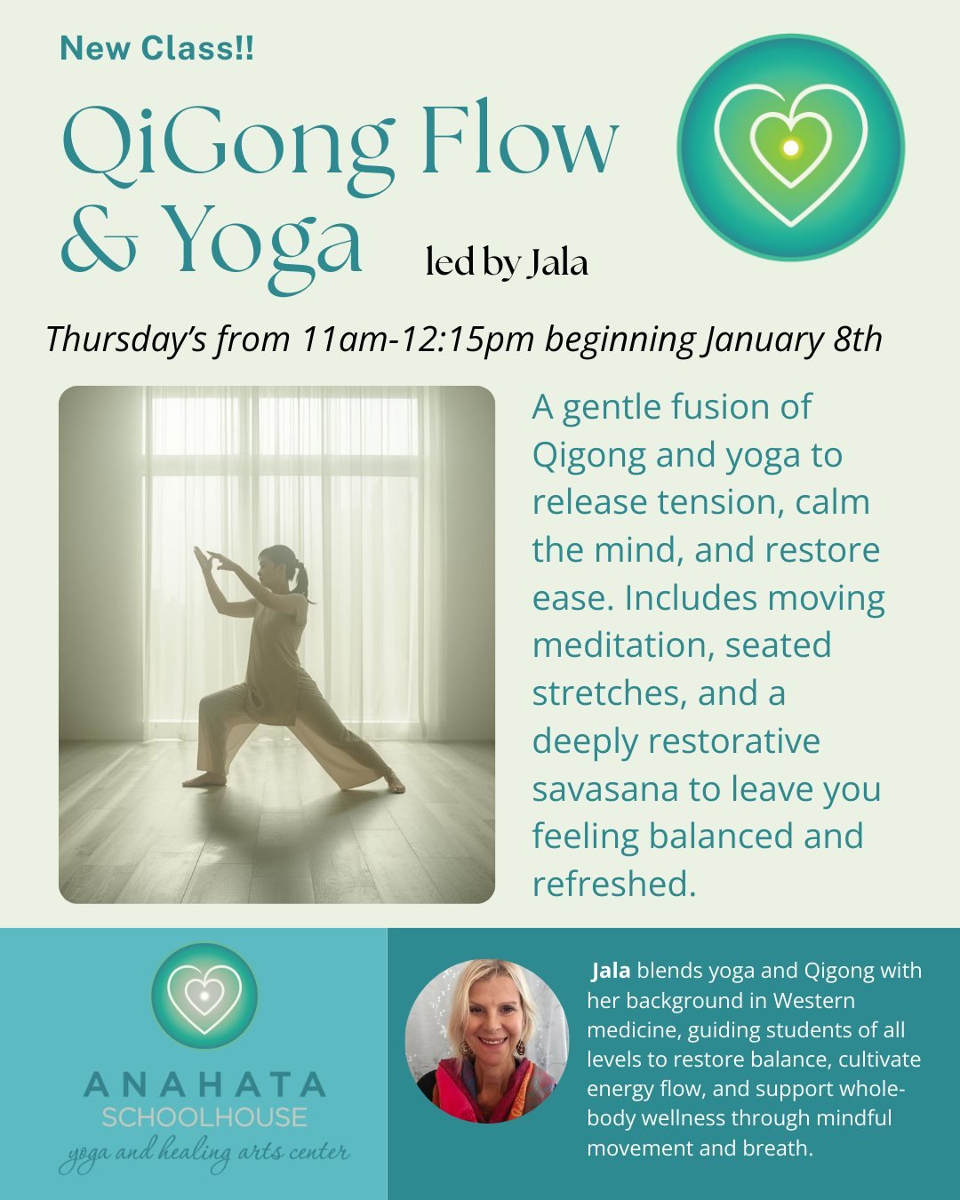 ✨ Another Thursday Upgrade! ✨
We&rsquo;re thrilled to add QiGong Flow &amp; Yoga with Jala to our Thursday lineup! 🧘&zwj;♀️
🗓 Thursdays | 11:00 AM&ndash;12:15 PM | Starts Jan 8
🎟 Part of the Anahata Passport this month!
This gentle fusion of Qigon