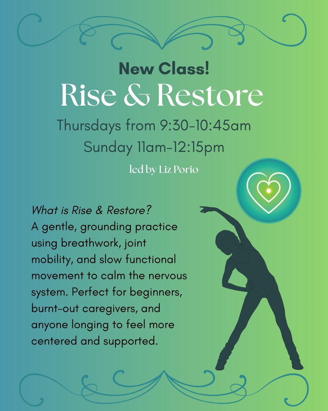 ✨ Rise &amp; Restore ✨
We&rsquo;re excited to introduce this new gently grounding class designed to support nervous system regulation through breathwork, joint mobility, and slow functional movement. Perfect for beginners, caregivers, and anyone seek