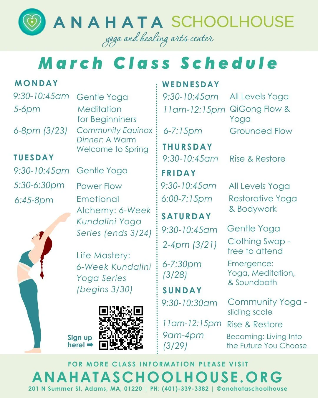 🌸 Spring into Wellness! Our March Schedule is Live! 🌸

Join us as we bloom into a season of renewal and growth! 🌱

✨ Gail is back!
- New Class: Grounded Flow (Accessible Vinyasa Class) &ndash; Wednesdays 6-7:15 PM 🌊
Restorative Yoga &amp; Bodywor