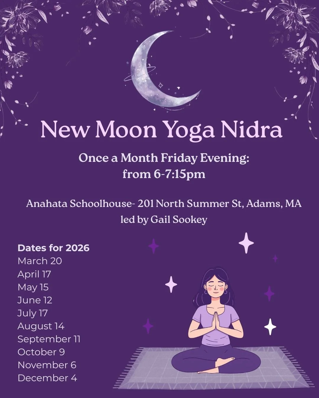 ✨ Join us for a transformative experience in our New Moon Yoga Nidra Class, led by the wonderful Gail Sookey! 🌙

Every month, we gather to journey inward, embracing deep relaxation and setting intentions aligned with the new moon's energy. 🧘&zwj;♀️