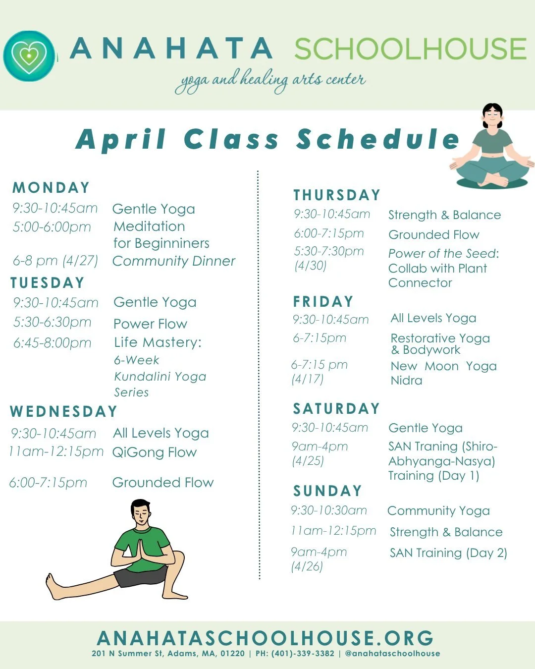 April is here &mdash; schedule is live. 🌿🗓️

New classes:
Grounded Flow &mdash; Thurs 6:00&ndash;7:15pm 🧘&zwj;♀️ 
Kundalini Yoga: Life Mastery &mdash; Tues 6:45&ndash;8:00pm 🔥

Special Events:
New Moon Yoga Nidra &mdash; Fri Apr 17, 6:00&ndash;7: