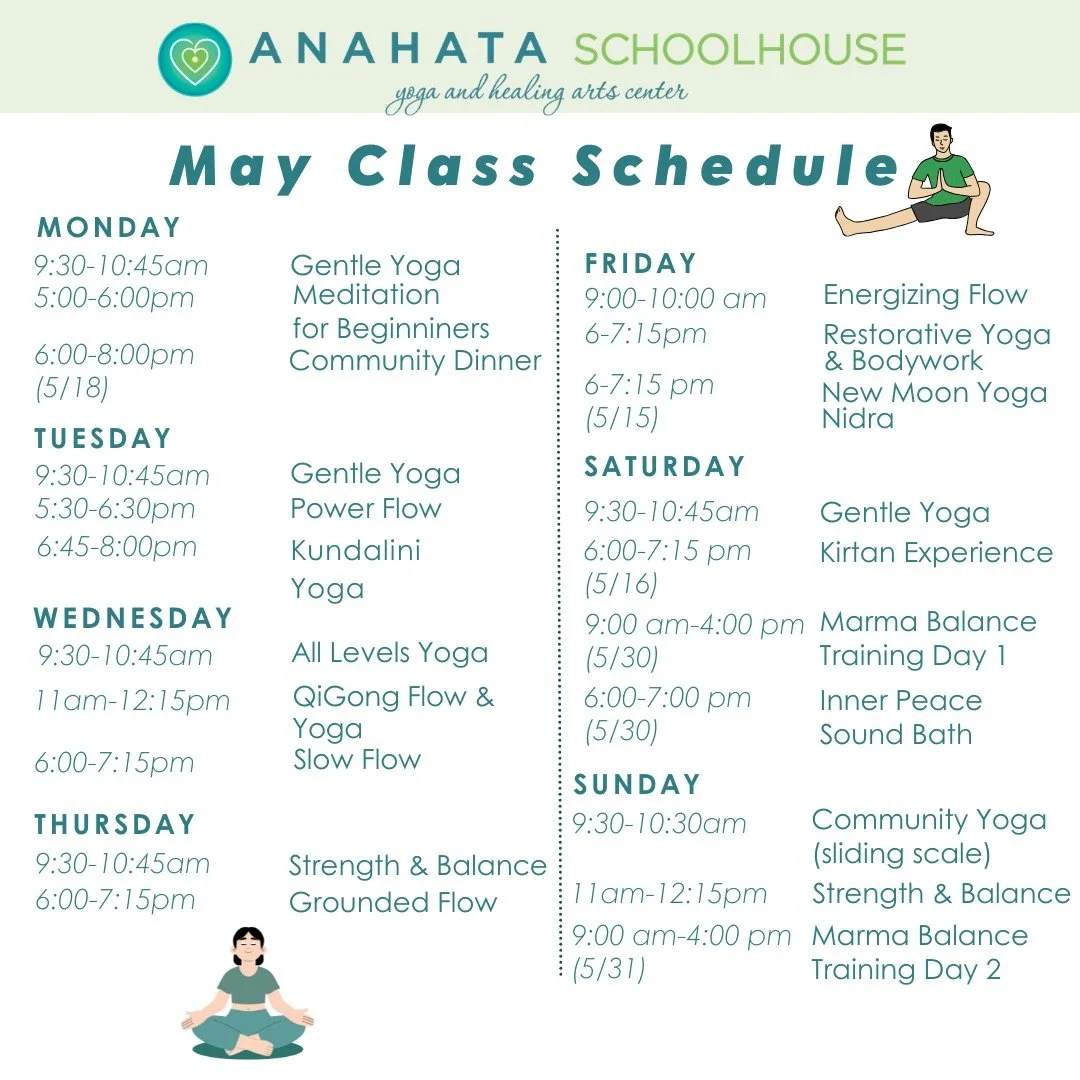 May is in full bloom! 🌸

New classes:
Energizing Flow &amp; New Teacher! &mdash; Fri 9:00&ndash;10:00 am ☀️
Kundalini Yoga &mdash; Tues 6:45&ndash;8:00pm 🔥

Special Events:
New Moon Yoga Nidra &mdash; Fri May 15, 6:00&ndash;7:15pm 🌙🛌
Kirtan Chant