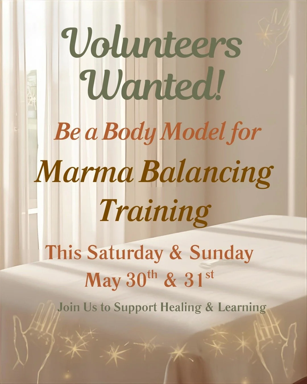 🔊 Volunteers Needed for Marma Balancing Training 🔊

Experience a deeply restorative Ayurvedic practice &mdash; free Marma Balancing sessions during our student training at Anahata.

📅 New dates: May 30 &amp; May 31
🕘 Saturday, May 30 &mdash; 9:30