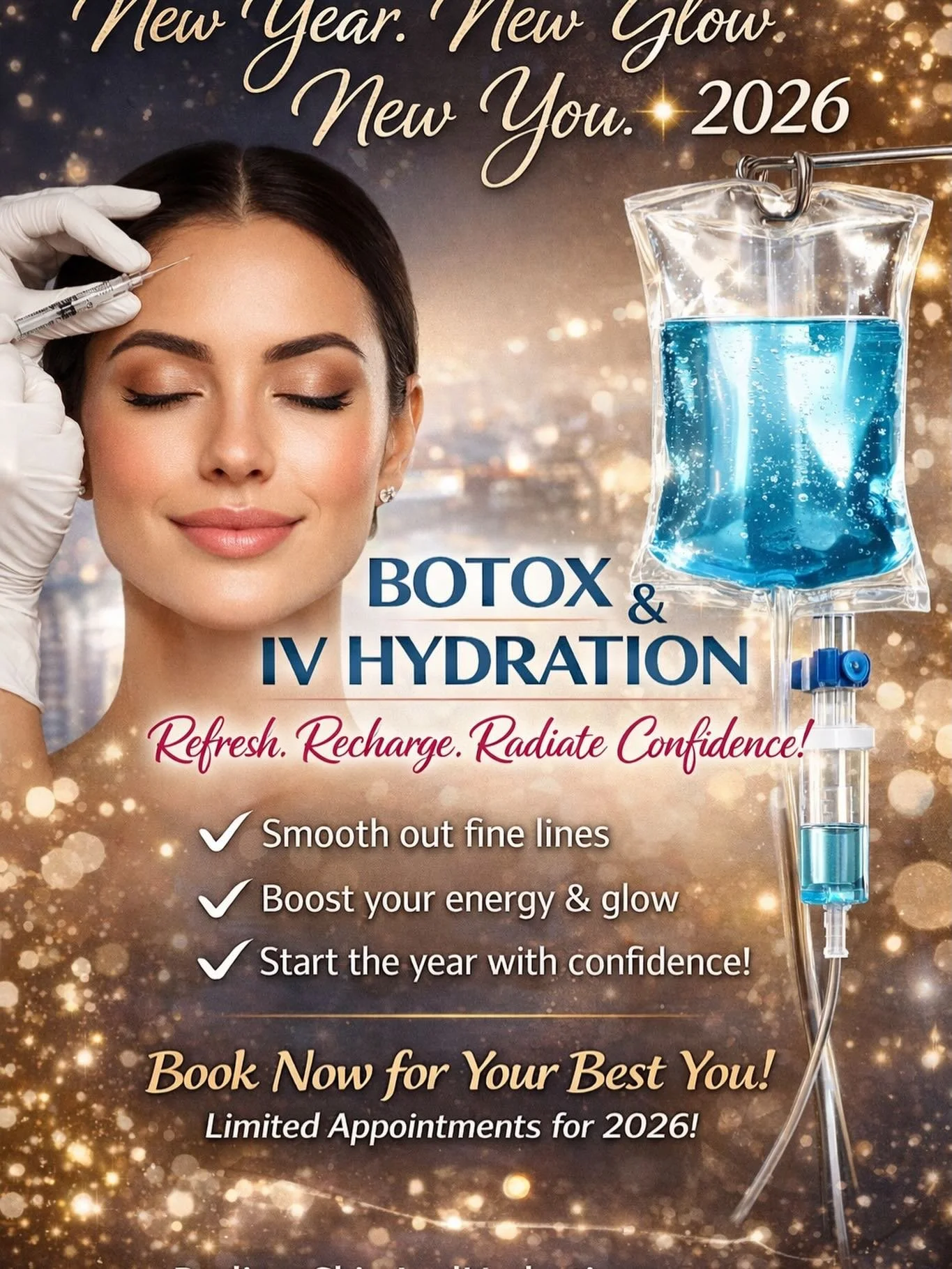 ✨ New Year. New Glow. New You. ✨
2026 is your year to feel refreshed, confident, and unstoppable 💉💧

Smooth fine lines with Xeomin/Botox + recharge from the inside out with IV Hydration&mdash;because confidence looks even better when you feel amazi