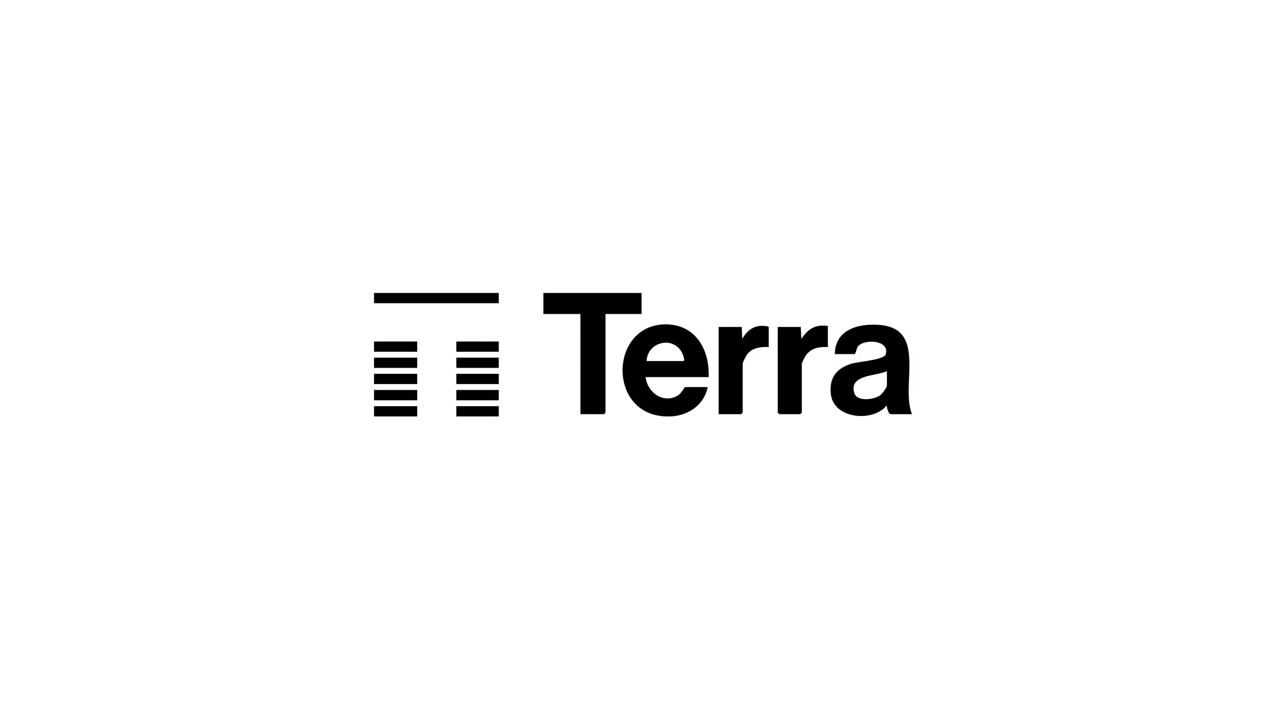Logo with a black symbol resembling a stylized tree and the word 'Terra' in bold black letters