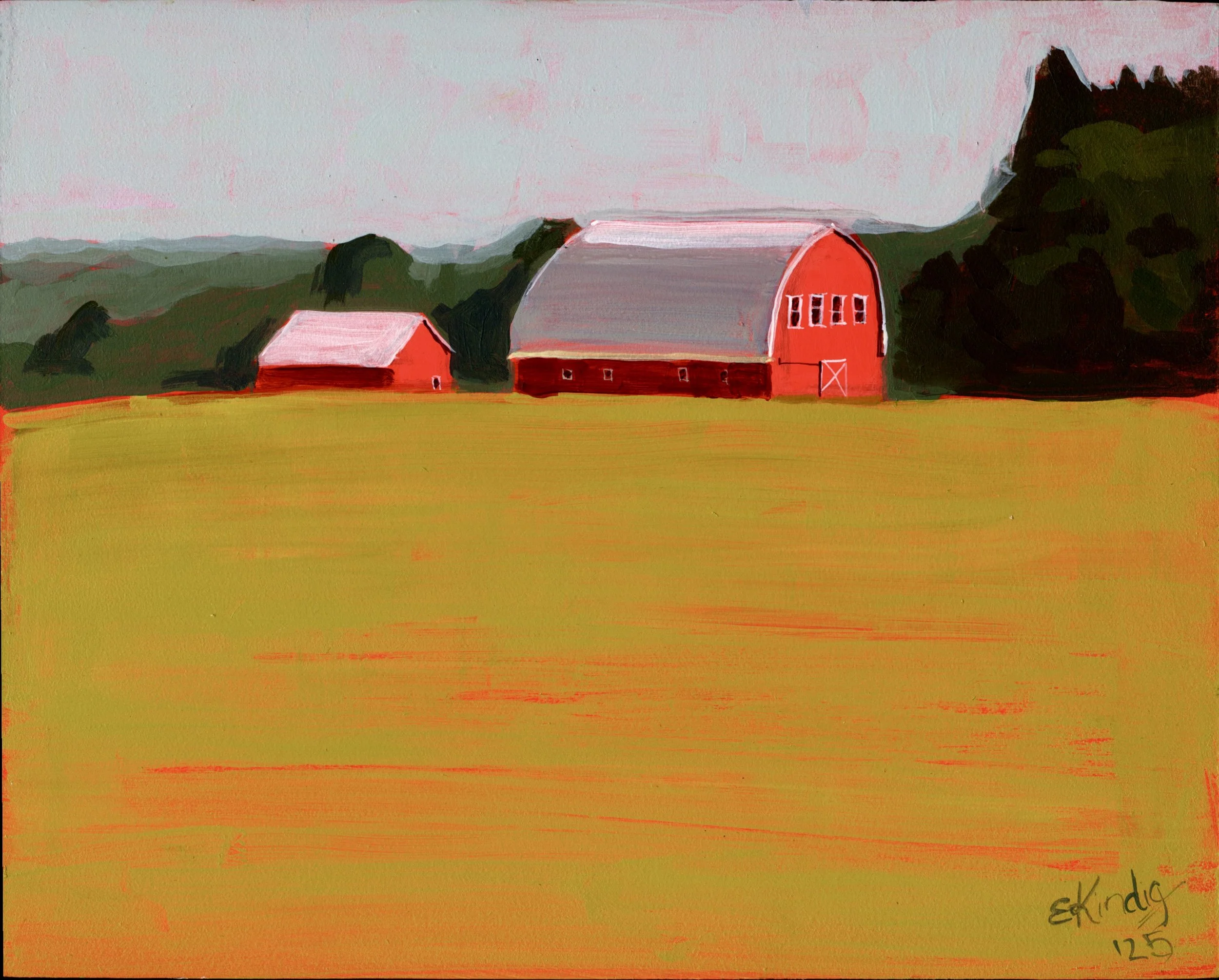 "Red Barn at Sunset," 10x8, acrylic on board, available at Fine Line Art Center, Dempsey Artisan Shop, St. Charles, IL