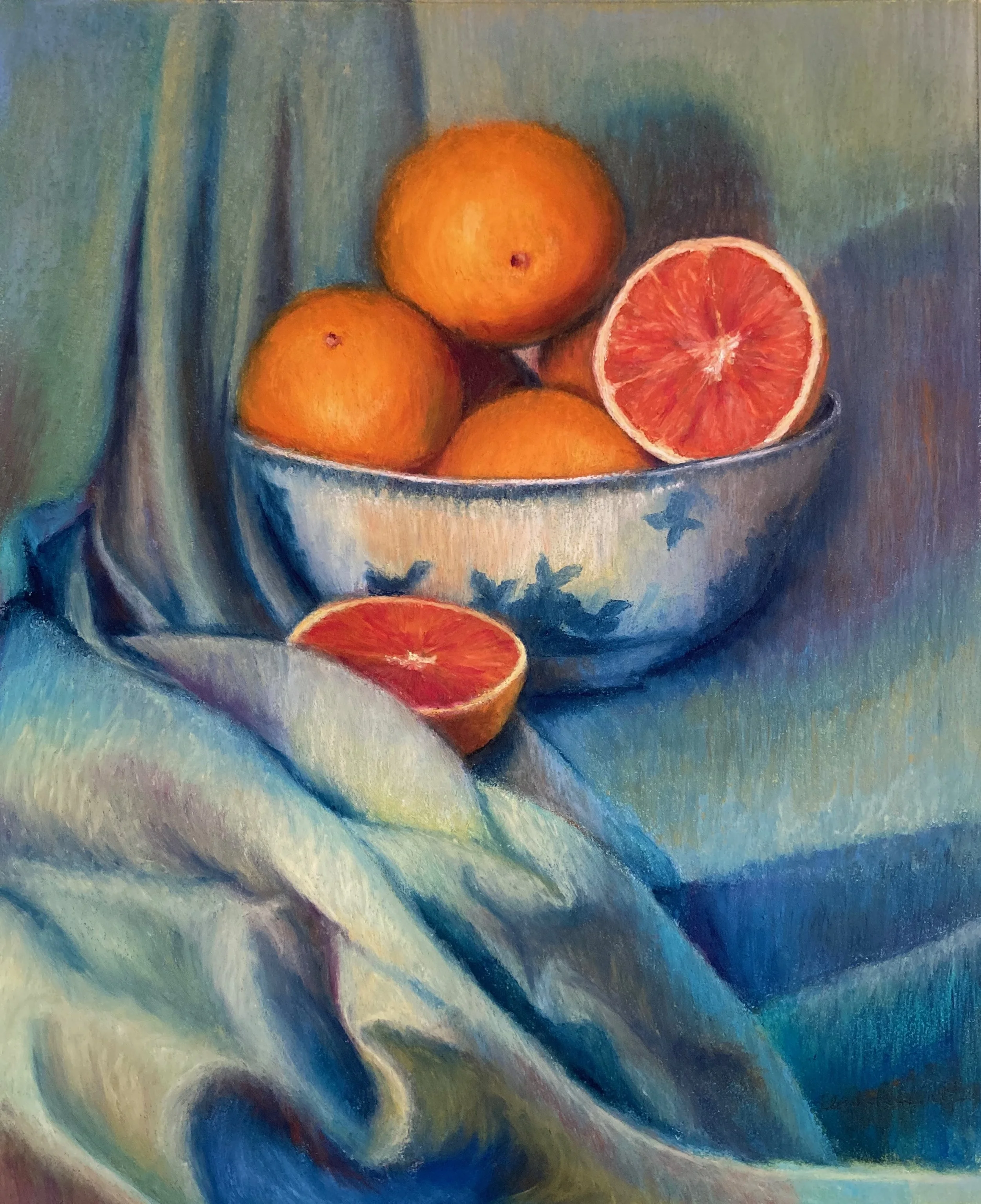 "Grandma's Bowl with Citrus," oil pastel on Arches Cover, available