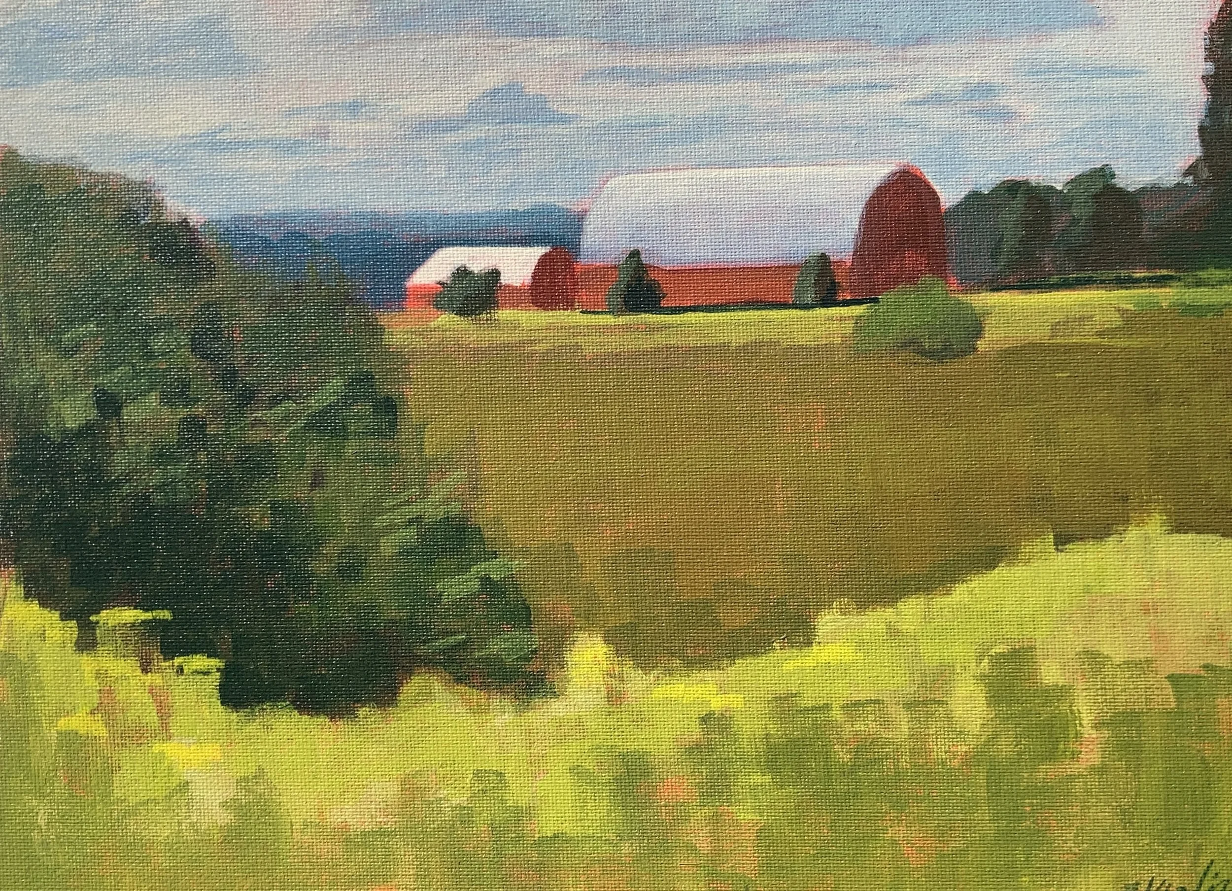 SOLD Red Barn in the Morning, 9x12, acrylic on canvas, prints available